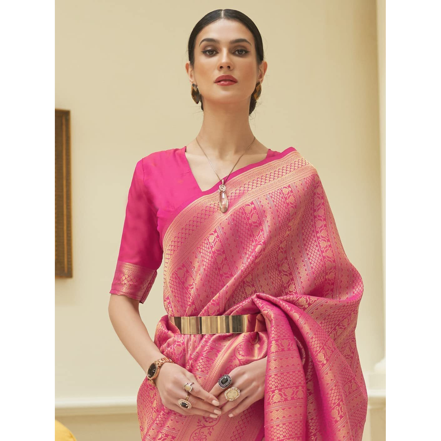 AKHILAM Womens Kanjeevaram Silk Embroidered Woven Zari Work saree With Unstitched Blouse Piece (Pink_KSHF235005)
