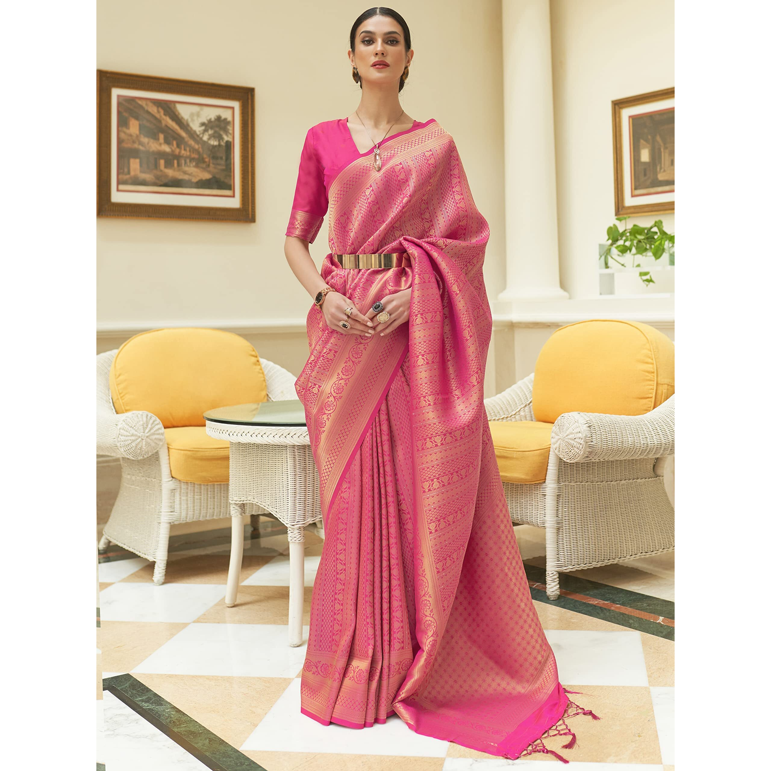 AKHILAM Womens Kanjeevaram Silk Embroidered Woven Zari Work saree With Unstitched Blouse Piece (Pink_KSHF235005)