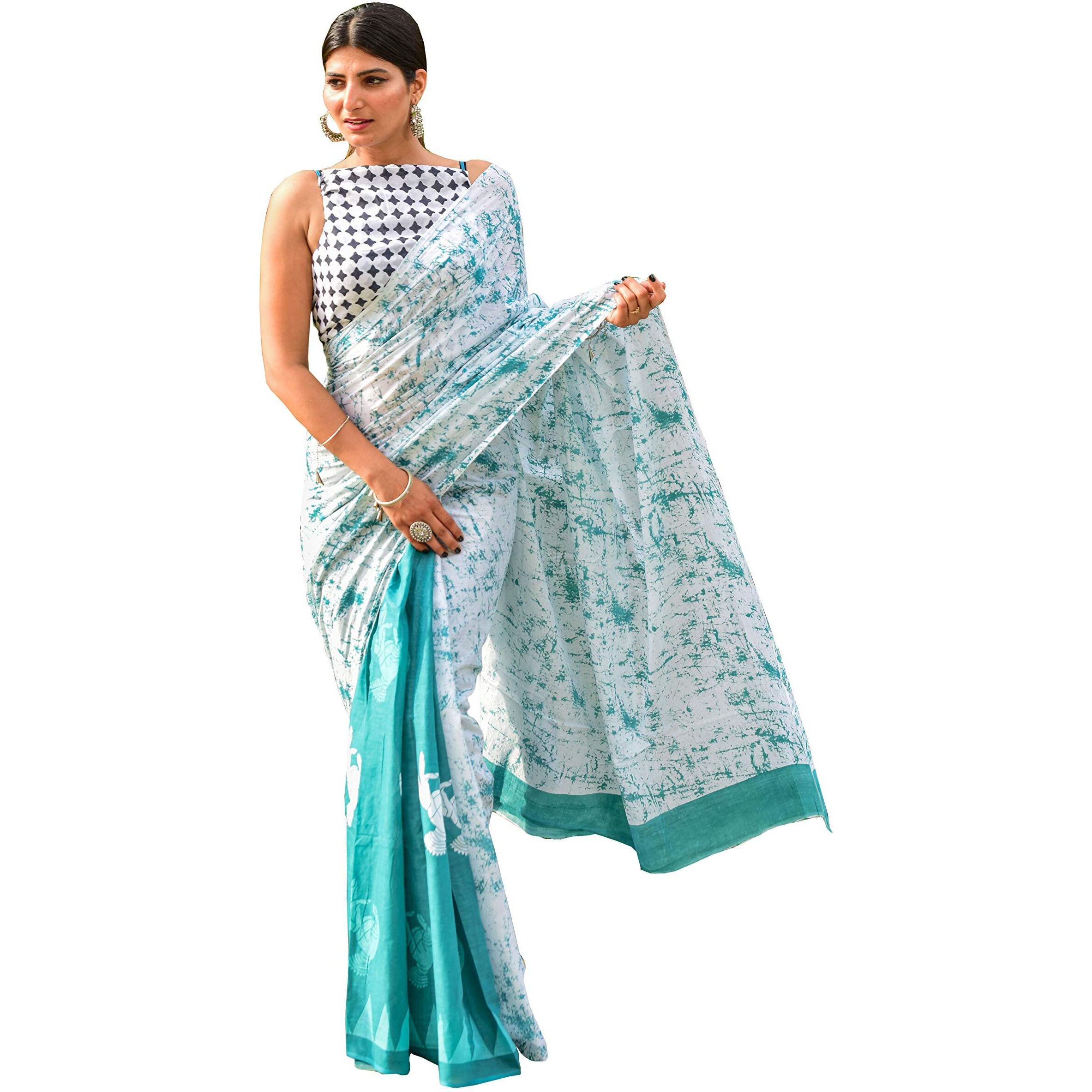 Kiaaron Womens Hand Block Kalamkari Batik Bagru Jaipuri Ikat Printed Handloom Pure Cotton Mulmul Traditional Ethnic Cotton Sarees With Printed Blouse Piece - White