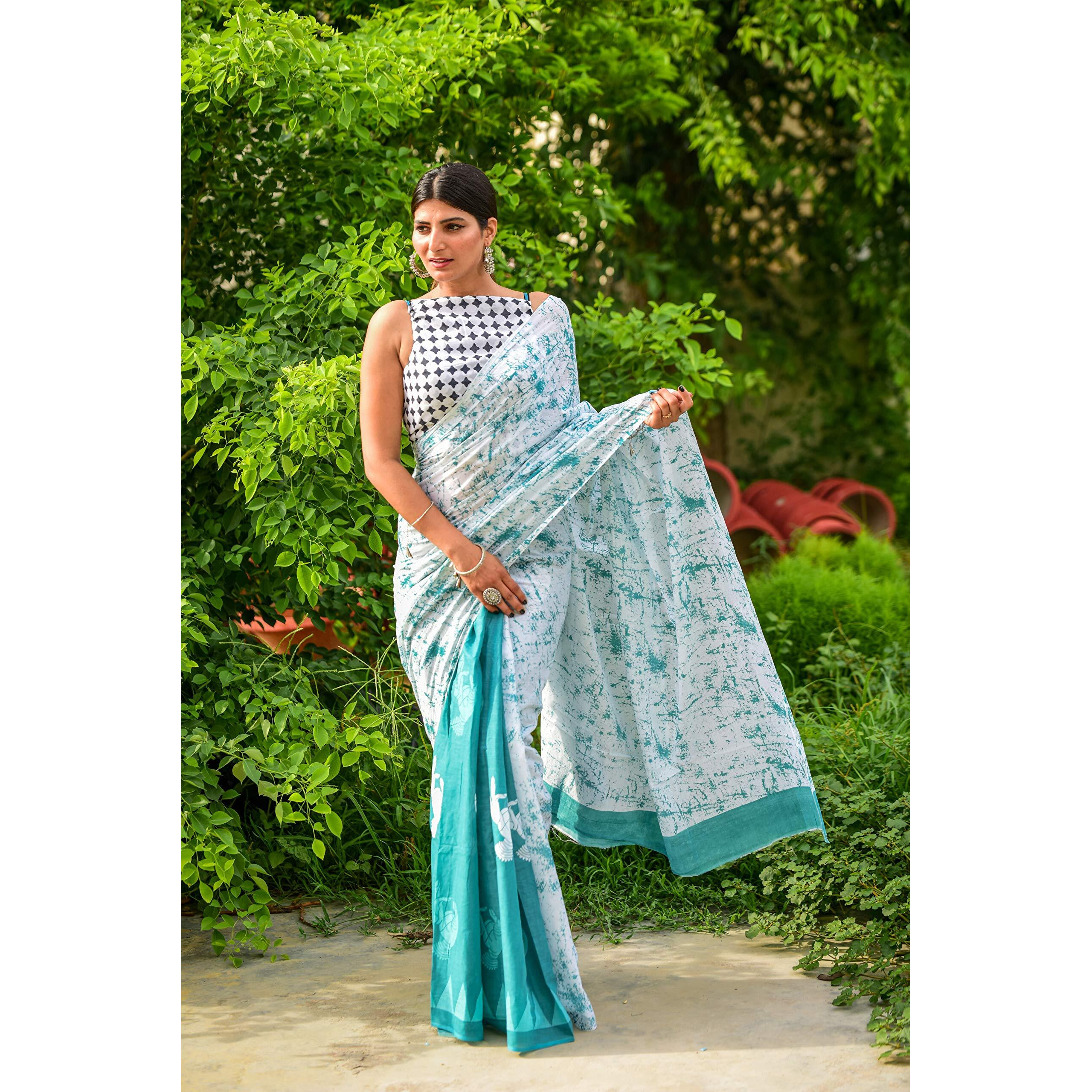 Kiaaron Womens Hand Block Kalamkari Batik Bagru Jaipuri Ikat Printed Handloom Pure Cotton Mulmul Traditional Ethnic Cotton Sarees With Printed Blouse Piece - White