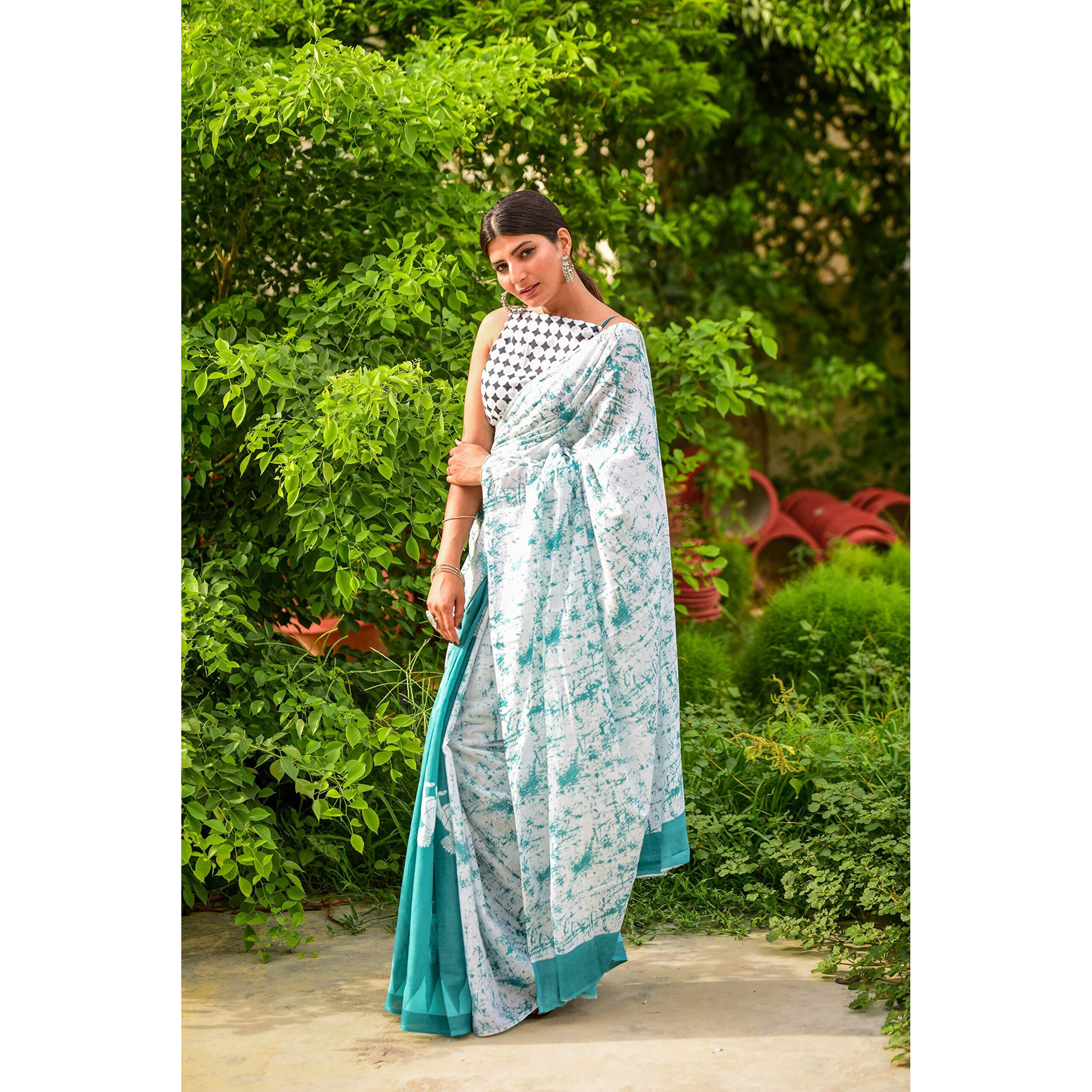 Kiaaron Womens Hand Block Kalamkari Batik Bagru Jaipuri Ikat Printed Handloom Pure Cotton Mulmul Traditional Ethnic Cotton Sarees With Printed Blouse Piece - White