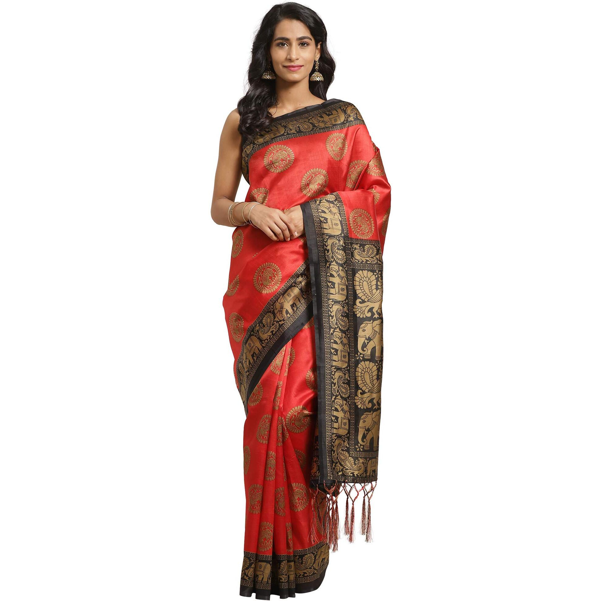 AKHILAM Womens Art Silk Printed Saree with Unstitched Blouse Piece(Red_APHALSP100B)
