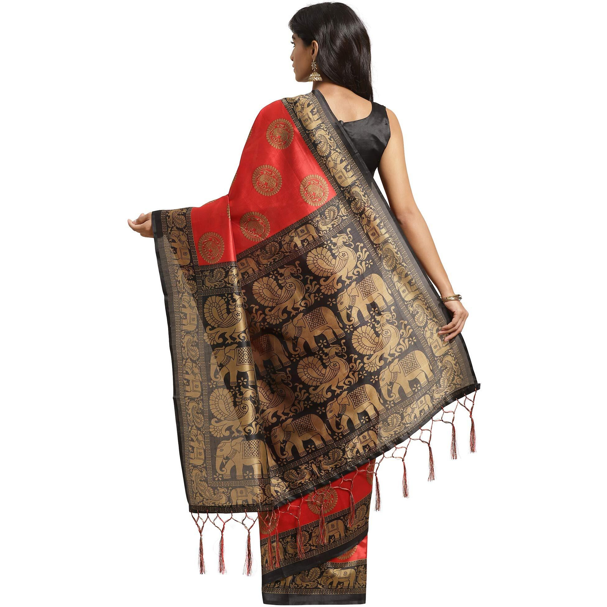 AKHILAM Womens Art Silk Printed Saree with Unstitched Blouse Piece(Red_APHALSP100B)