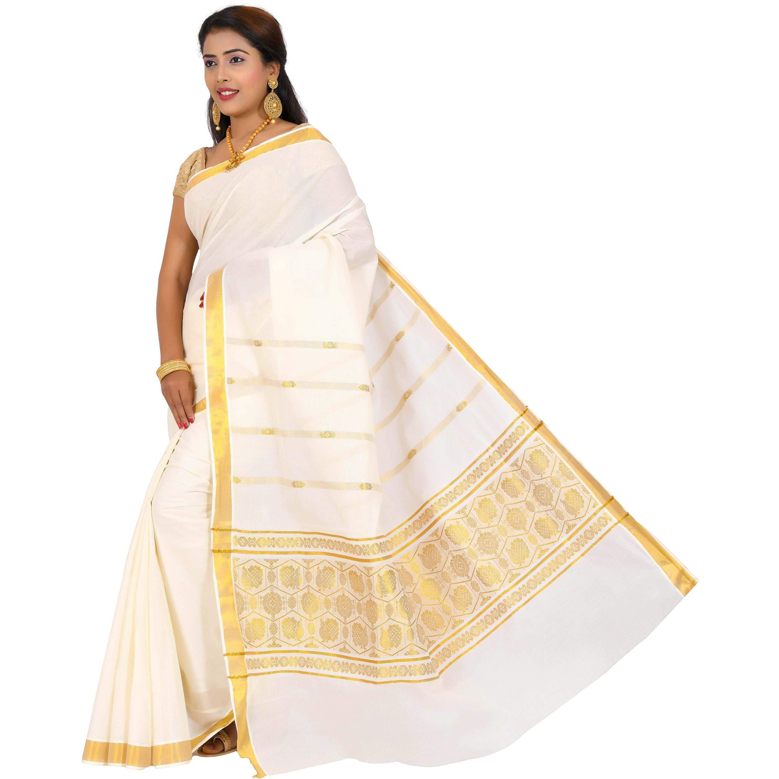 JISB Womens Kerala Cotton Kasavu diamond peacock saree (TJT01395, Ivory, Cream)