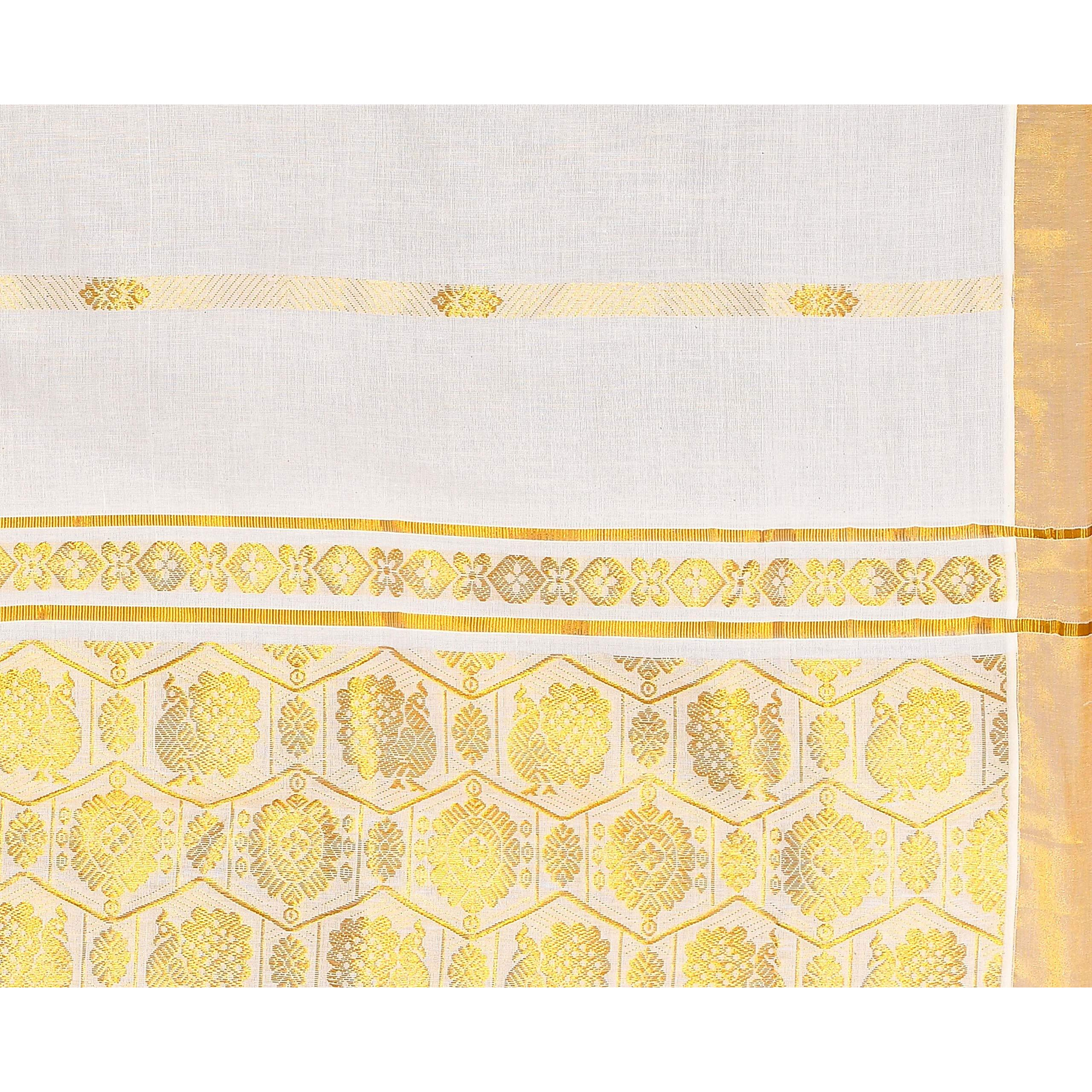 JISB Womens Kerala Cotton Kasavu diamond peacock saree (TJT01395, Ivory, Cream)