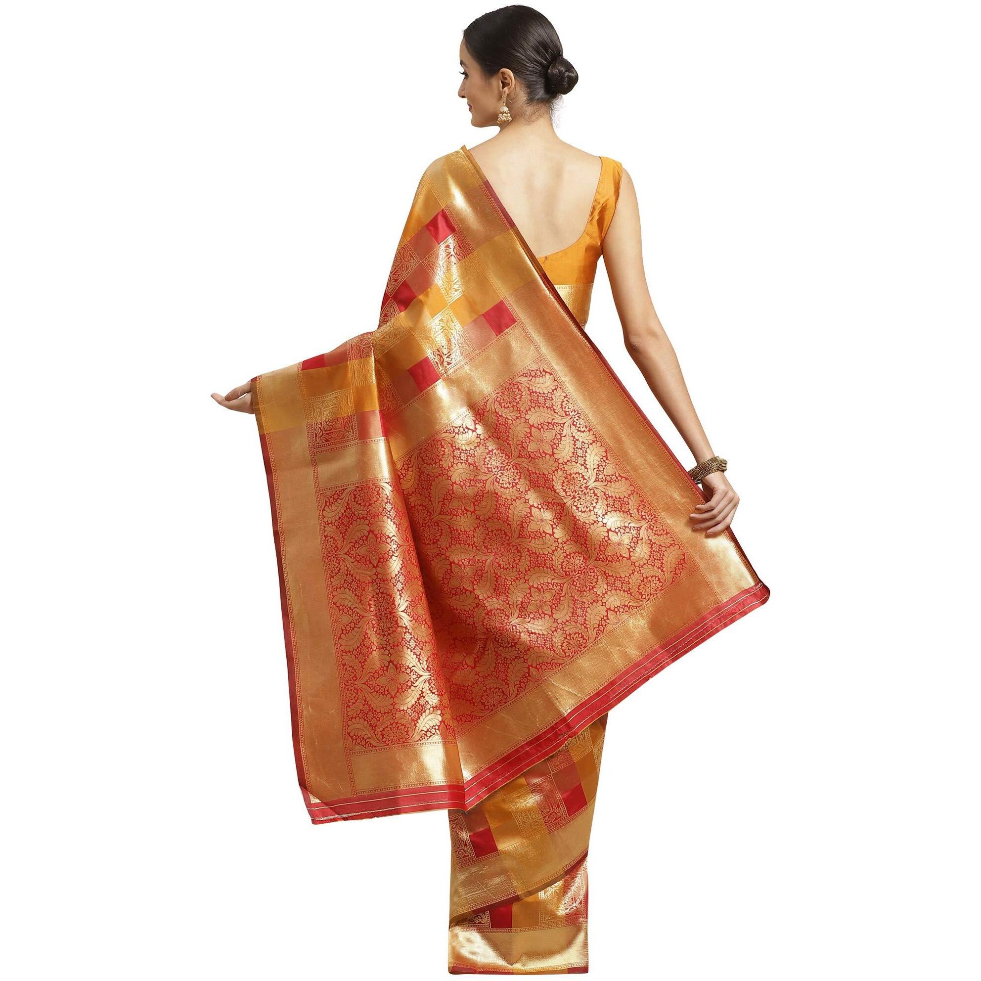 AKHILAM Womens Silk Blend Woven Saree with Unstitched Blouse Piece(Red & Mustard_HSA27010)