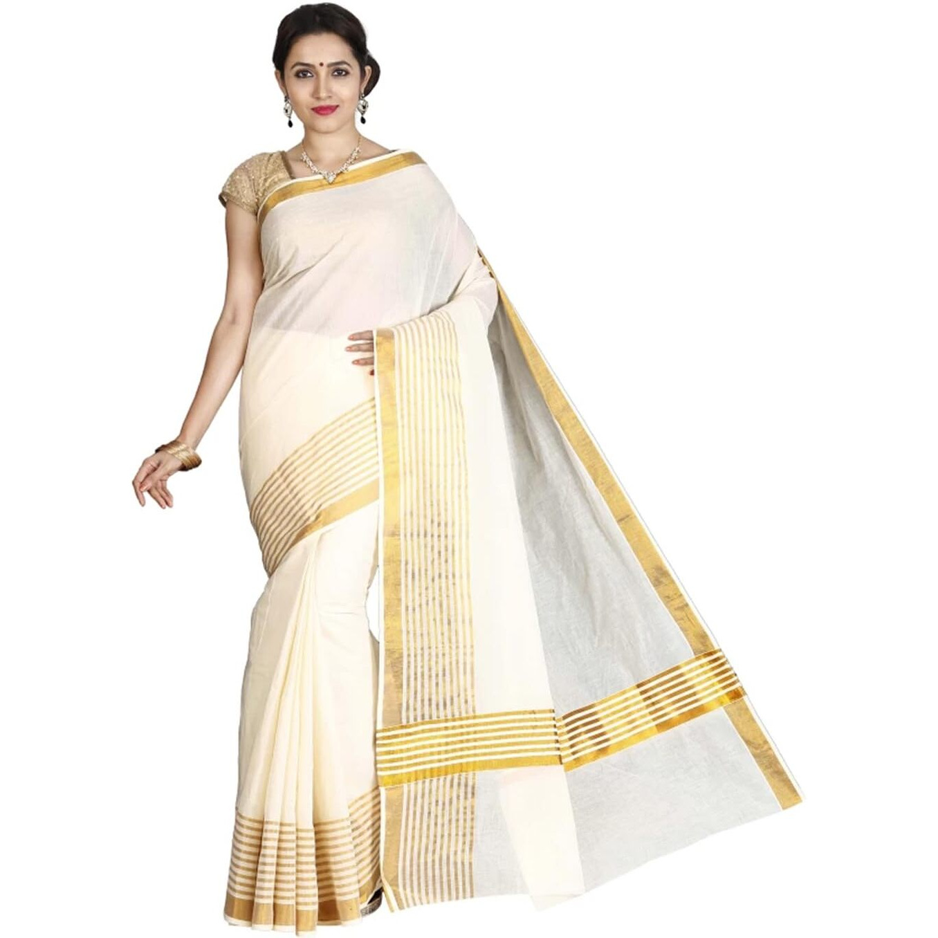 JISB Kerala Kasavu plain saree with fancy zari stripes(SAKSA01026, off white color)