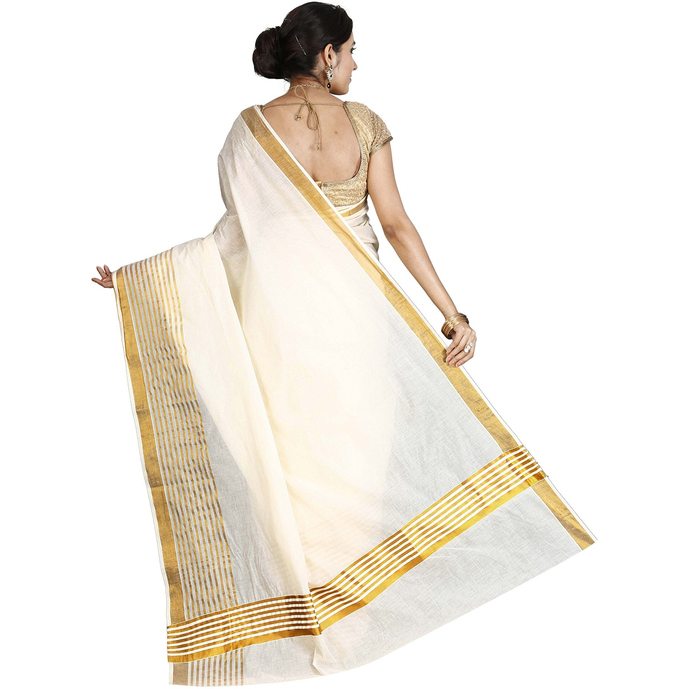 JISB Kerala Kasavu plain saree with fancy zari stripes(SAKSA01026, off white color)