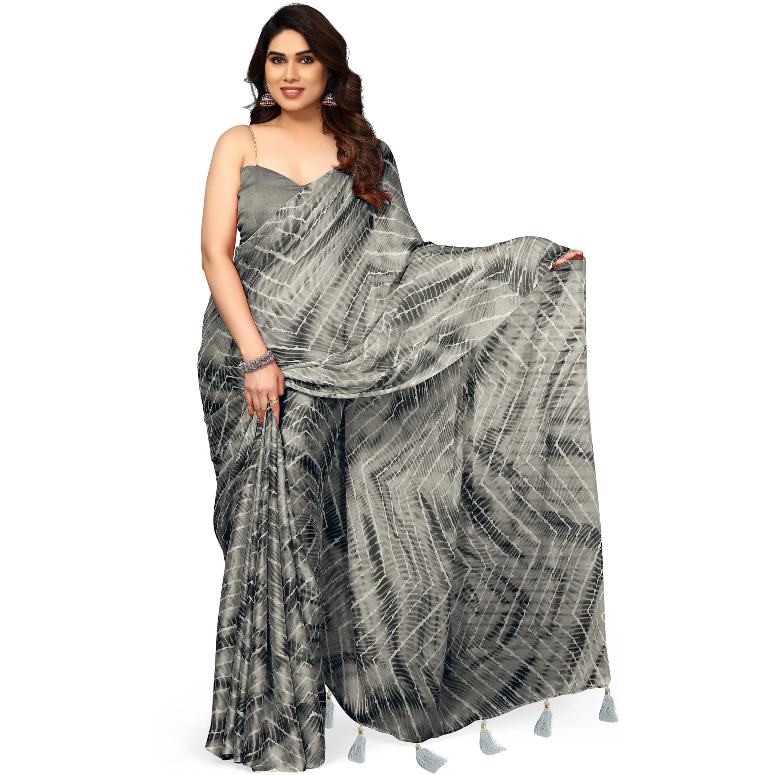 MIRCHI FASHION Womens Chiffon Chevron Shibori Printed Saree with Blouse Piece (41061-Dark Grey, Light Grey)