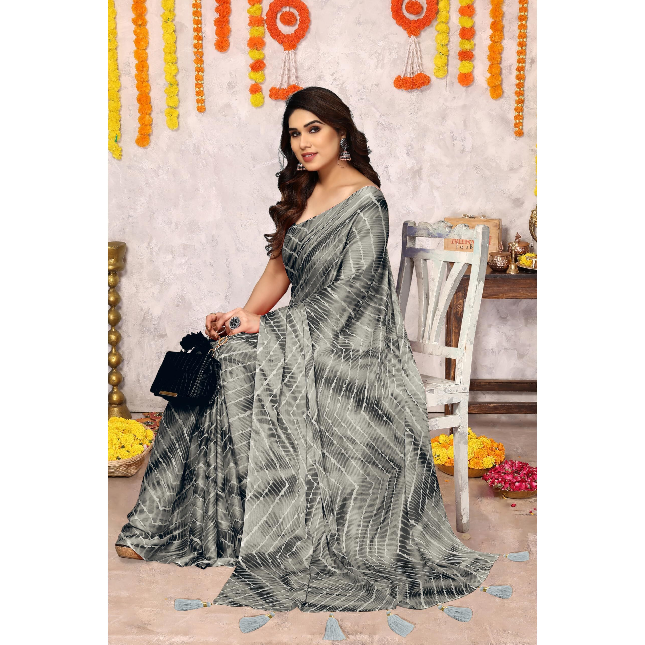 MIRCHI FASHION Womens Chiffon Chevron Shibori Printed Saree with Blouse Piece (41061-Dark Grey, Light Grey)