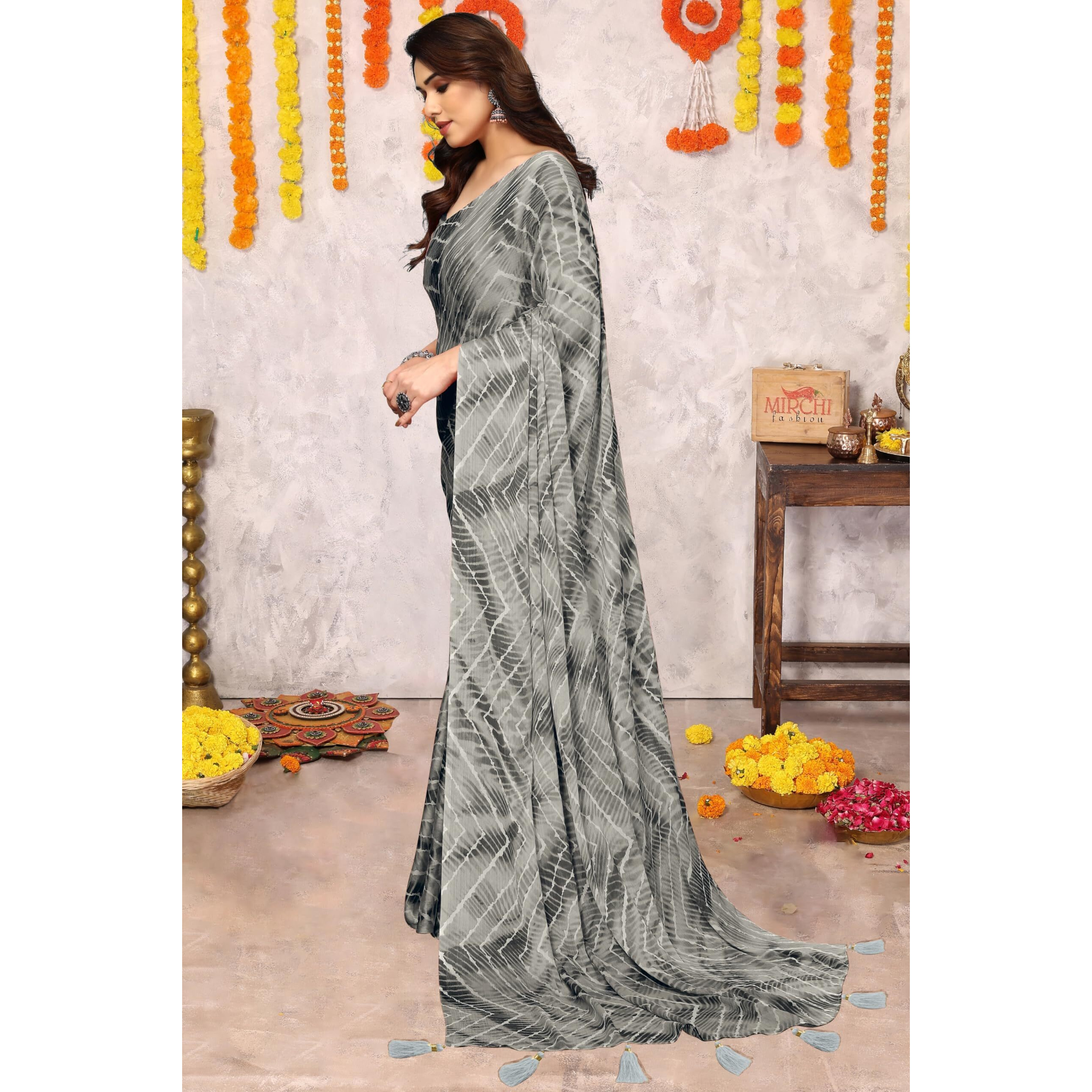 MIRCHI FASHION Womens Chiffon Chevron Shibori Printed Saree with Blouse Piece (41061-Dark Grey, Light Grey)