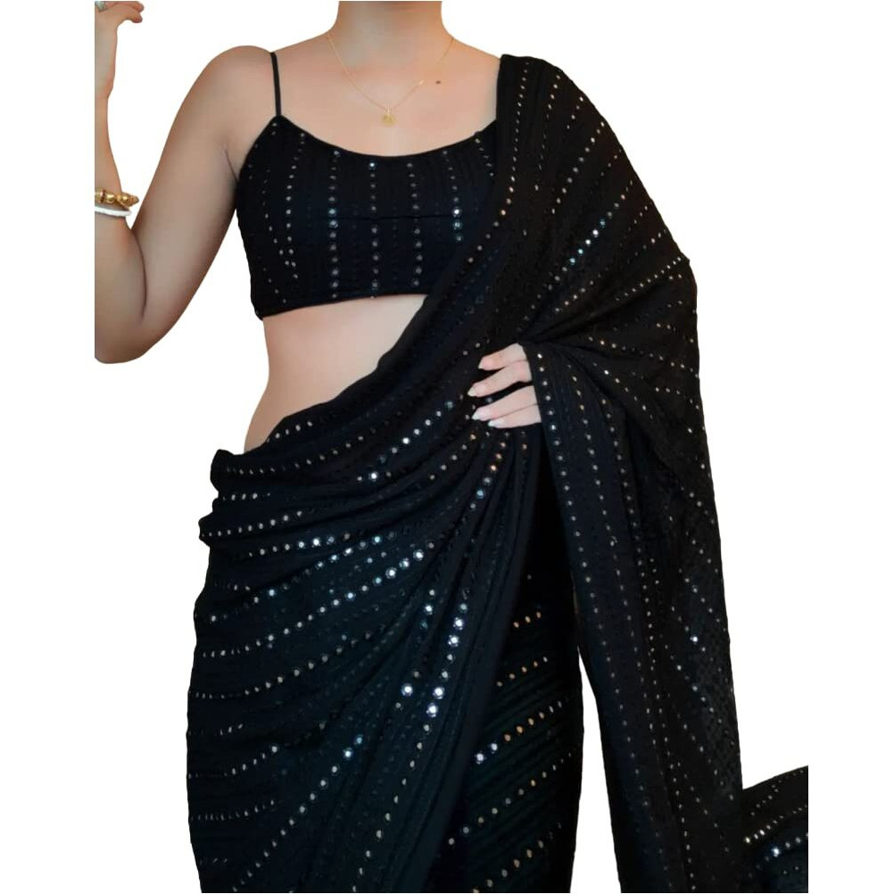 NPLASH FASHION Women Georgette With Thread & Sequence Work Saree Beautiful Sabyasachi Style India Daily To Wear Bollywood Saree (Black)