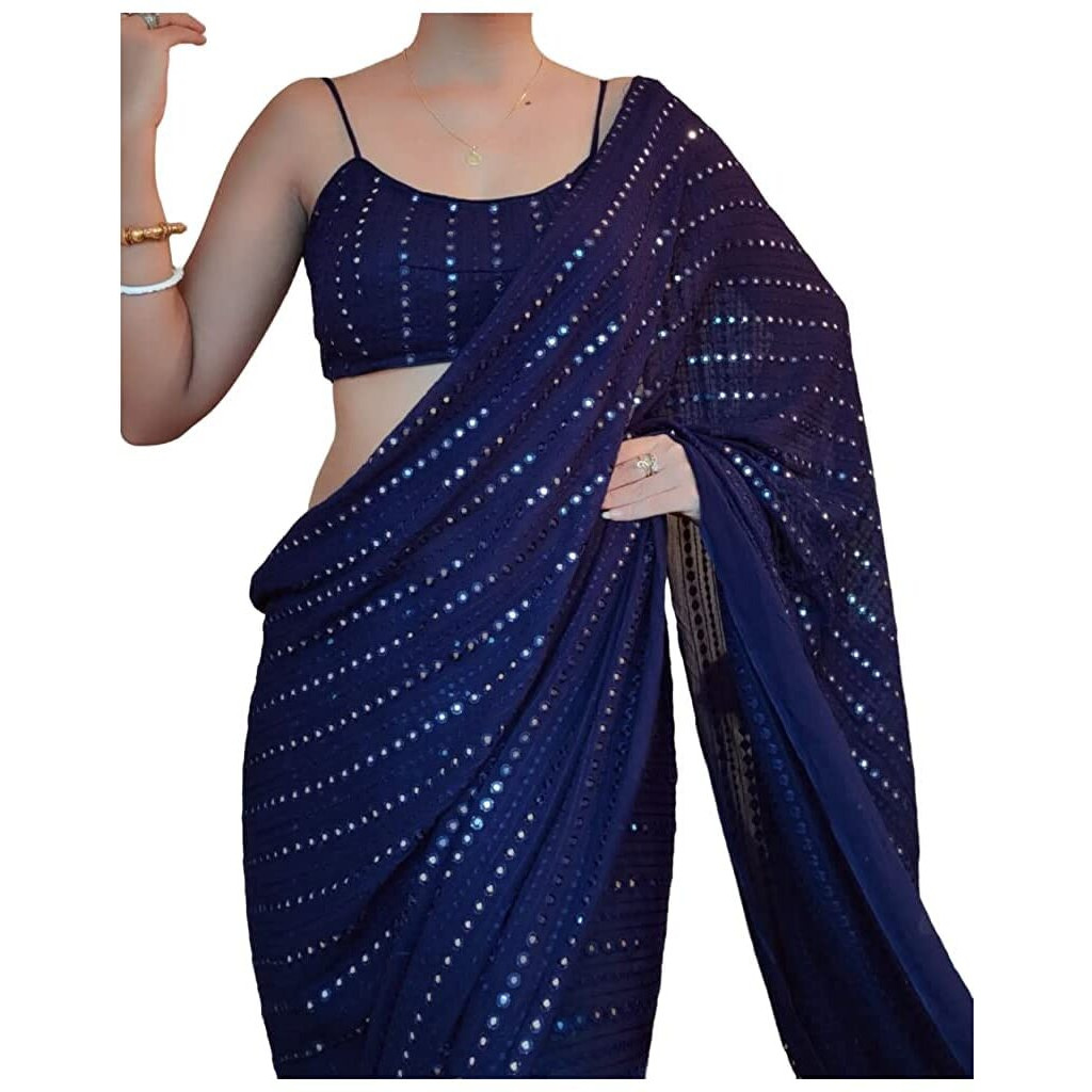 NPLASH FASHION Women Georgette With Thread & Sequence Work Saree Beautiful Sabyasachi Style New India Daily To Wear Bollywood Saree (Nevybluee) Sari