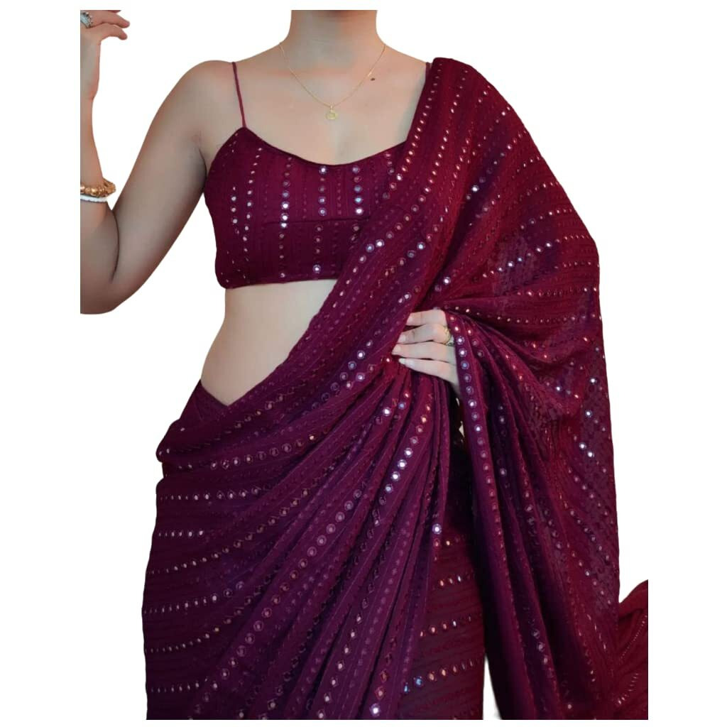 NPLASH FASHION Georgette With Thread & Sequence Work Saree Beautiful Sabyasachi style India daily To Wear BollyWood Saree (Winee)