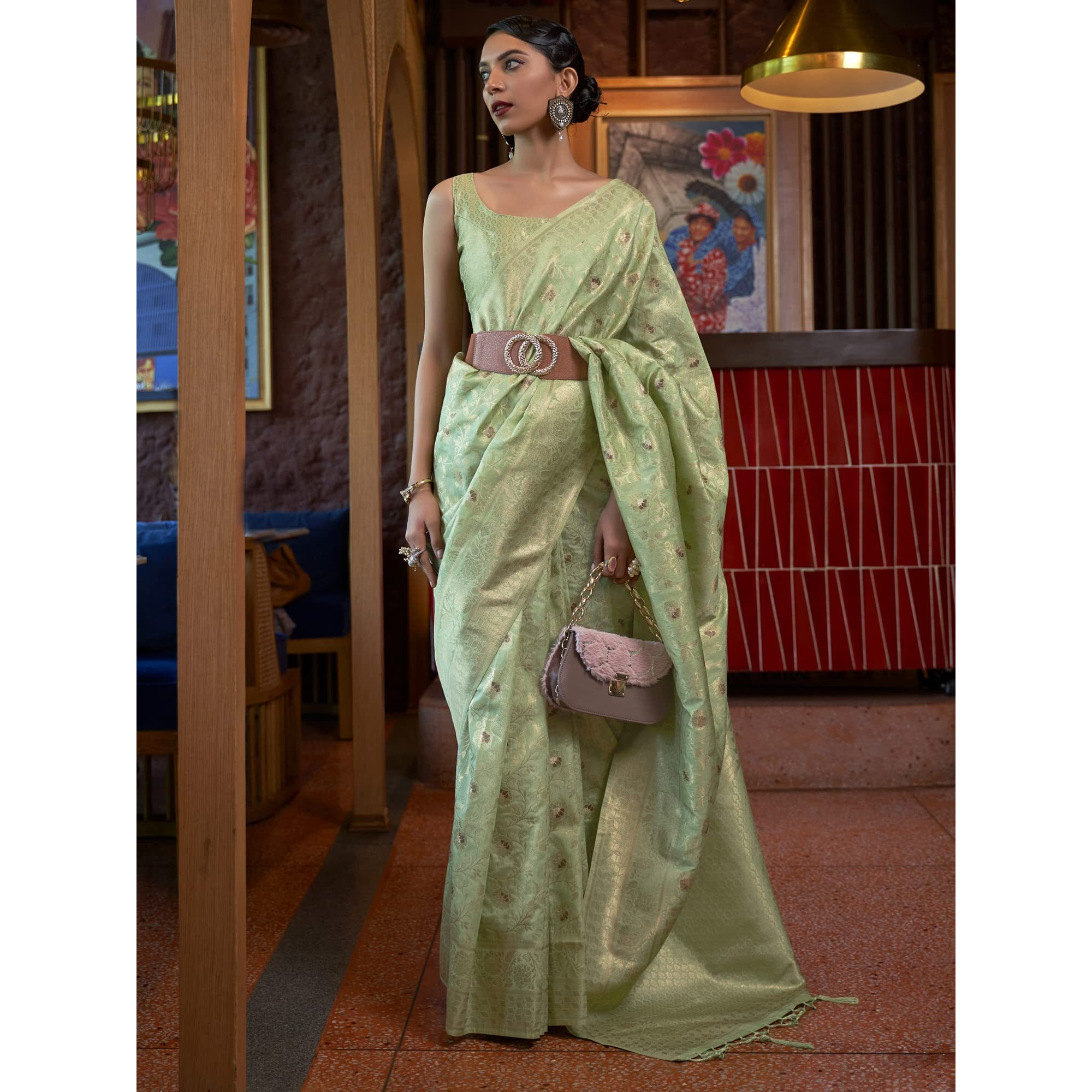 AKHILAM Womens Silk Blend Woven Design Saree With Unstitched Blouse Piece (Light Green_KIRPAN281003_RJ)