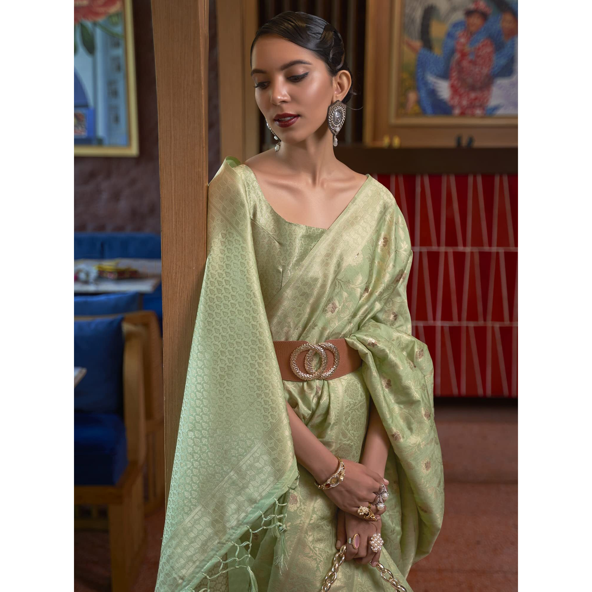 AKHILAM Womens Silk Blend Woven Design Saree With Unstitched Blouse Piece (Light Green_KIRPAN281003_RJ)