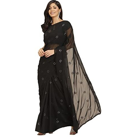 Womanista Womens Plain Georgette Saree with Mirror Work (TI2827_Black)