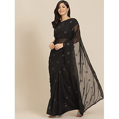 Womanista Womens Plain Georgette Saree with Mirror Work (TI2827_Black)