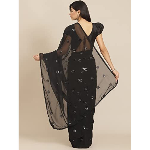 Womanista Womens Plain Georgette Saree with Mirror Work (TI2827_Black)