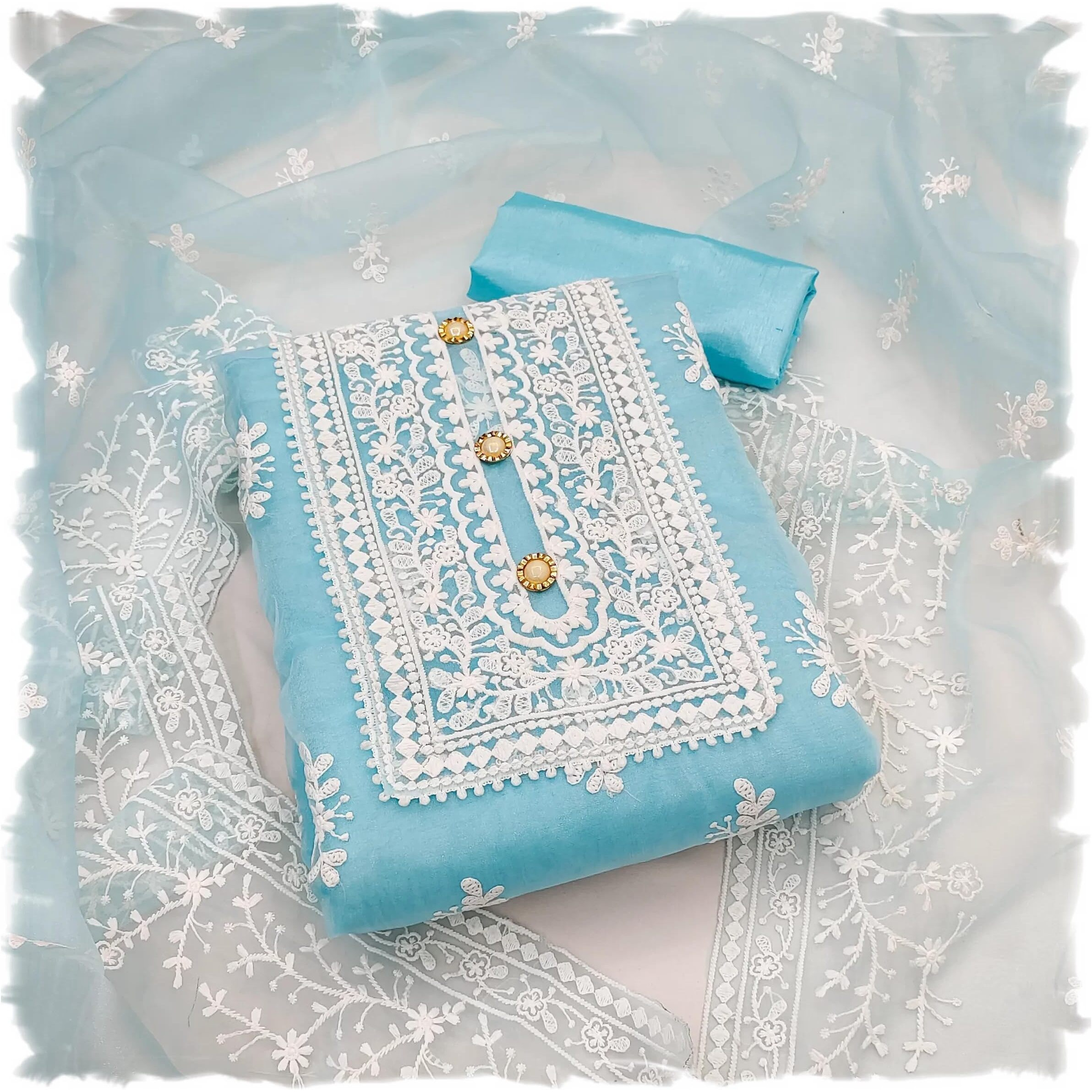 Sidhidata Womens Organza Embroidered Unstitched Salwar Suit Dress Material With Embroidery Work Dupatta (DM HumTum Sky Blue_Sky Blue_Free Size)