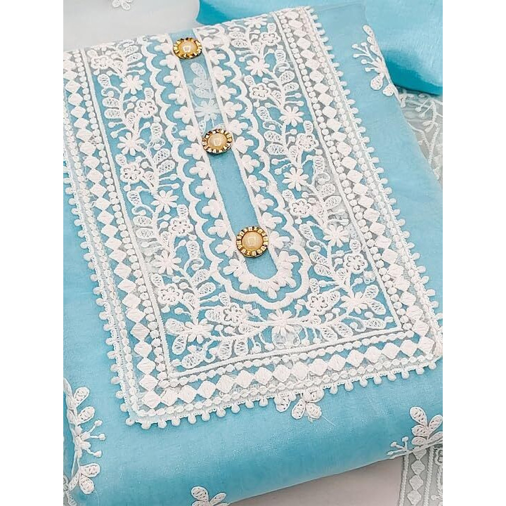 Sidhidata Womens Organza Embroidered Unstitched Salwar Suit Dress Material With Embroidery Work Dupatta (DM HumTum Sky Blue_Sky Blue_Free Size)