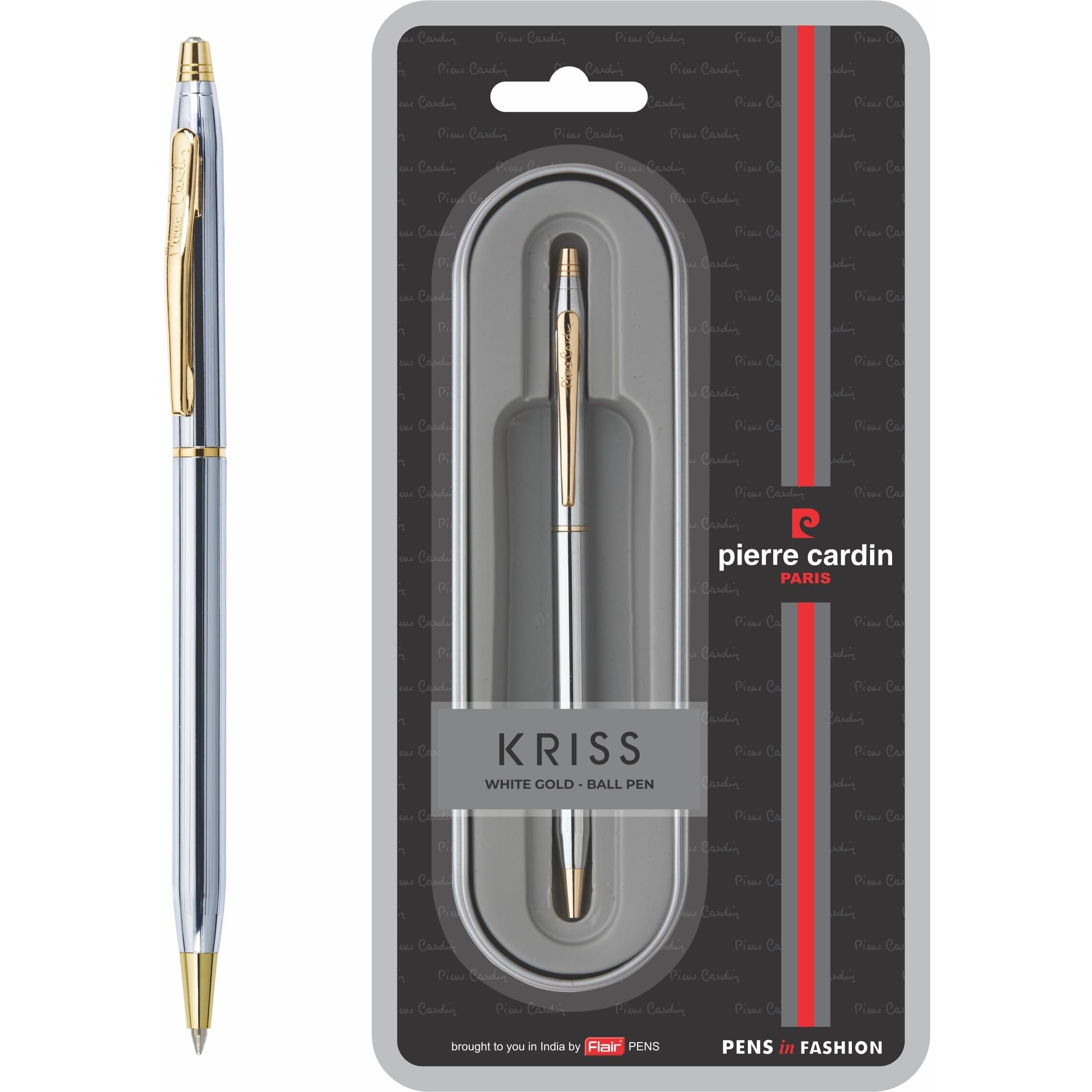 Pierre Cardin Premium Kriss White Gold Metal Roller Ball Pen With Twist Mechanism | Ideal For Rakhi & Festive Gifting | Blue Ink