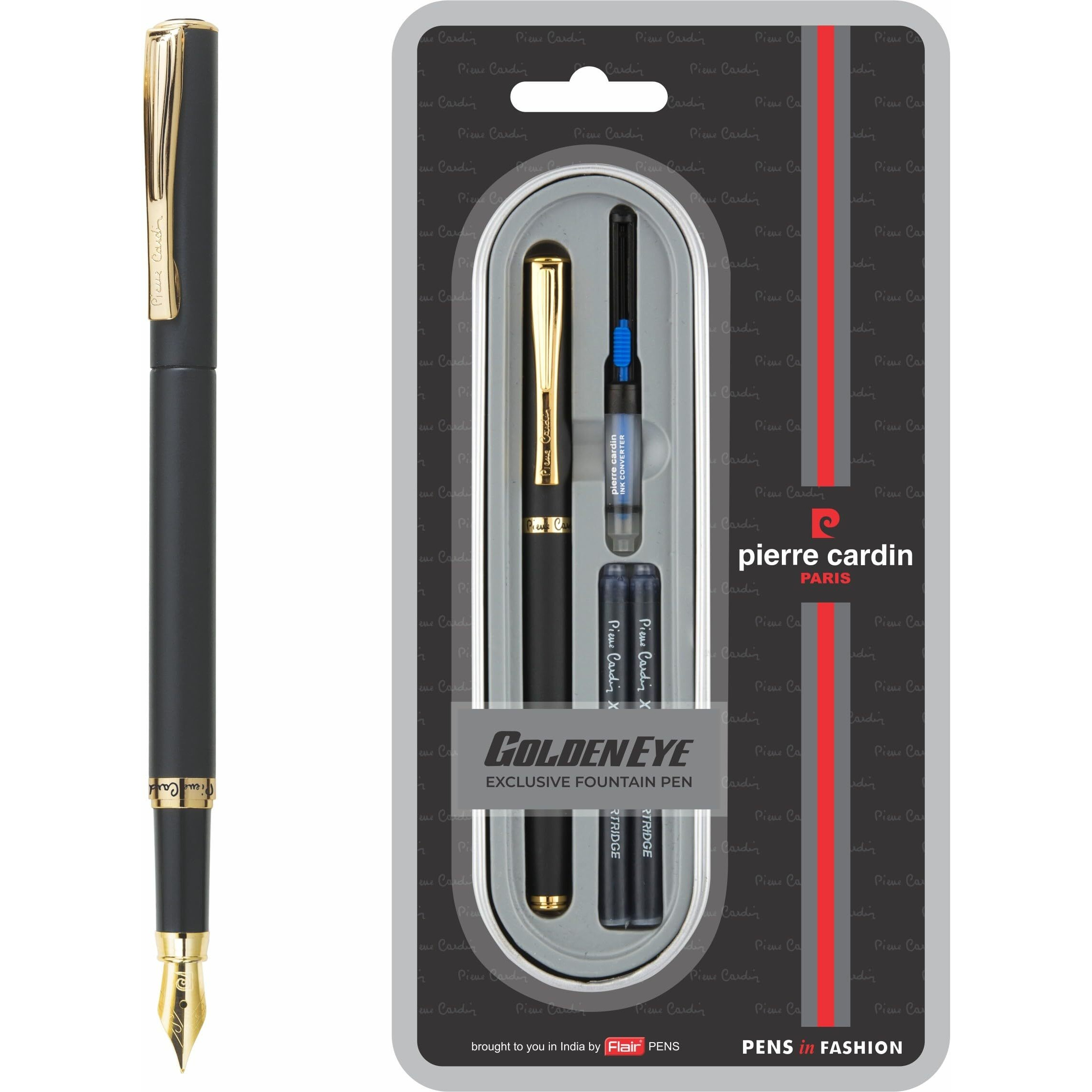 Pierre Cardin Premium Golden Eye Matte Black Finish Fountain Pen | Ideal For Rakhi & Festive Gifting | Blue Ink