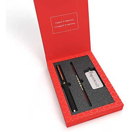 Paperkraft Expressions Gift Set - 1 Ceramic Roller ball Metal Pen with Gold trims 0.6 mm Stainless Steel Tip + 1 Stainless Steel Key Chain + 1 Free* Rakhi Band