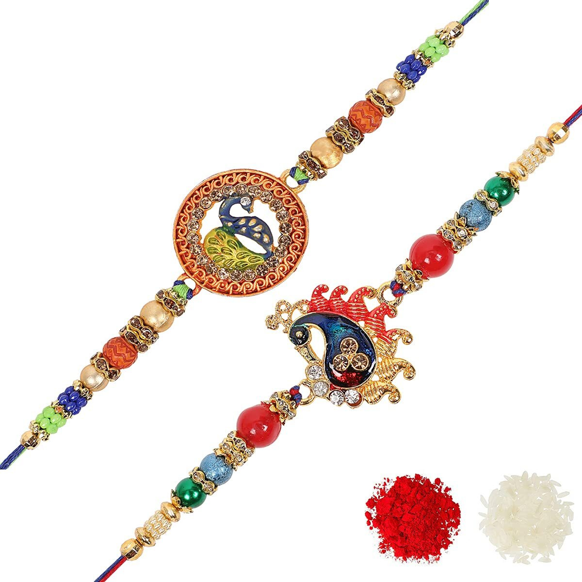 Riddhika Ventures Stylish Kundan and AD Ring Rakhi (Set of 2) (Bracelet) with Roli Chawal and Greeting Card (K6K7)