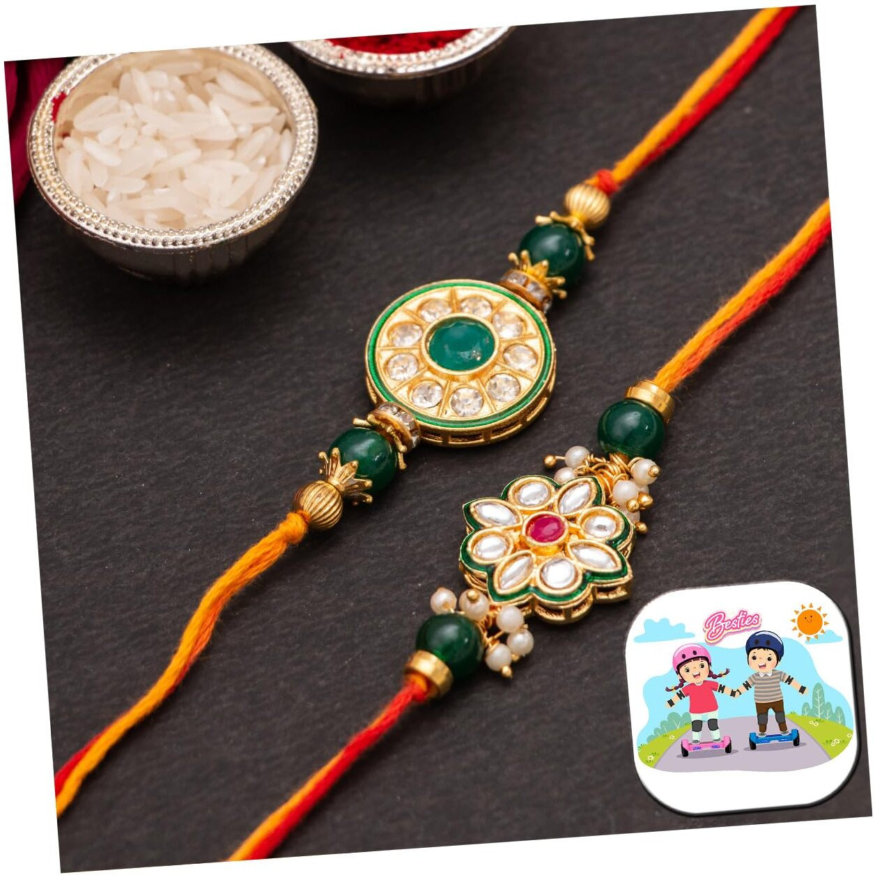 CraftVatika Rakhi for Brother Set of 2 with Fridge Magnet Gift Floral Kundan Rakhi for Bhaiya Bhai Boy Raksha Bandhan Designer Rakhi Meenakari Rakhi, Rakhi with Fridge Magnet Gift