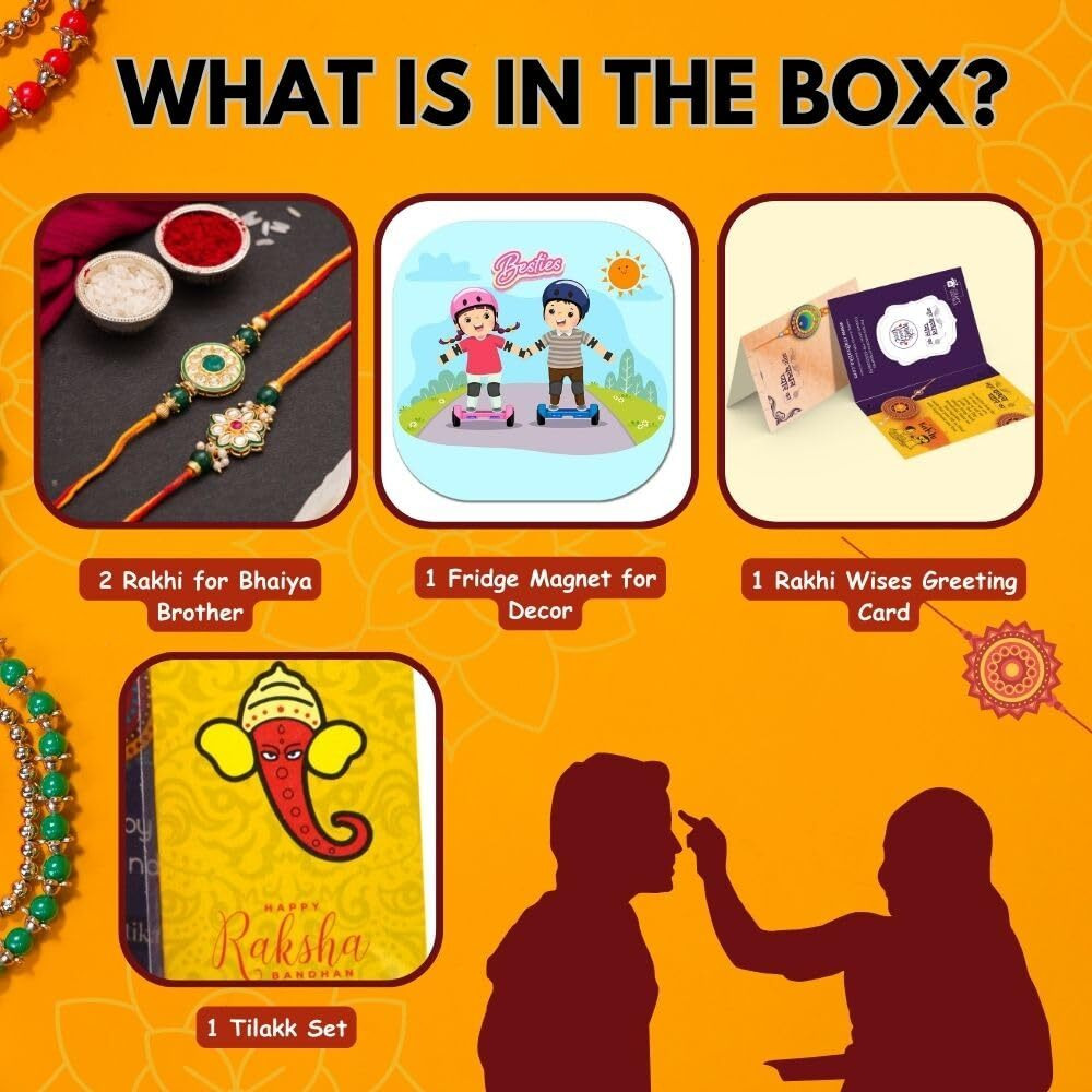 CraftVatika Rakhi for Brother Set of 2 with Fridge Magnet Gift Floral Kundan Rakhi for Bhaiya Bhai Boy Raksha Bandhan Designer Rakhi Meenakari Rakhi, Rakhi with Fridge Magnet Gift