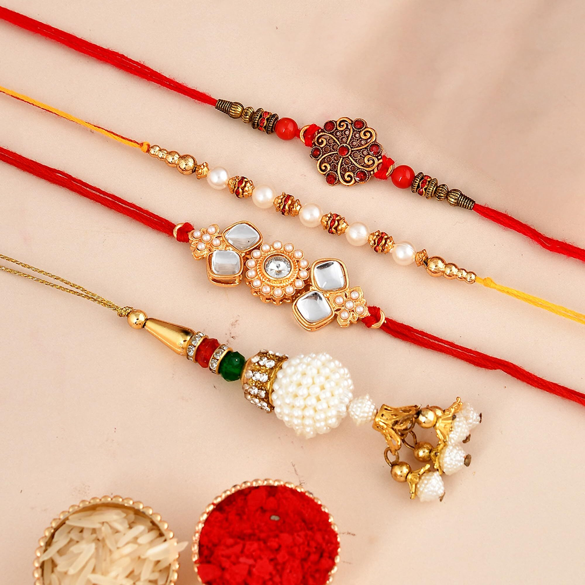 CraftVatika Rakhi Combo Set of 4 for Brother and Bhabhi Kids, Handmade Rakshabandhan Designer Lumba Rakhi for Bhaiya Bhabhi