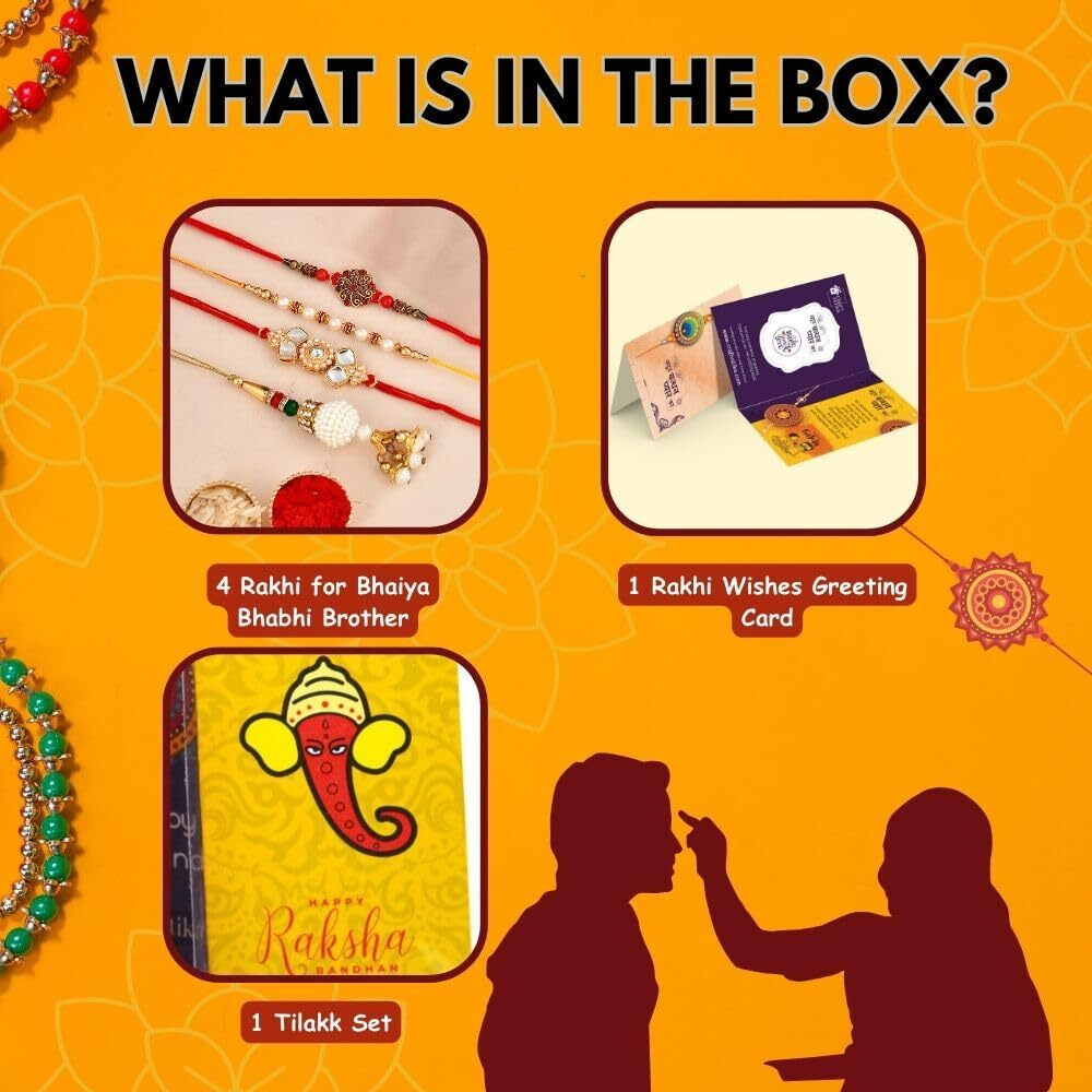 CraftVatika Rakhi Combo Set of 4 for Brother and Bhabhi Kids, Handmade Rakshabandhan Designer Lumba Rakhi for Bhaiya Bhabhi