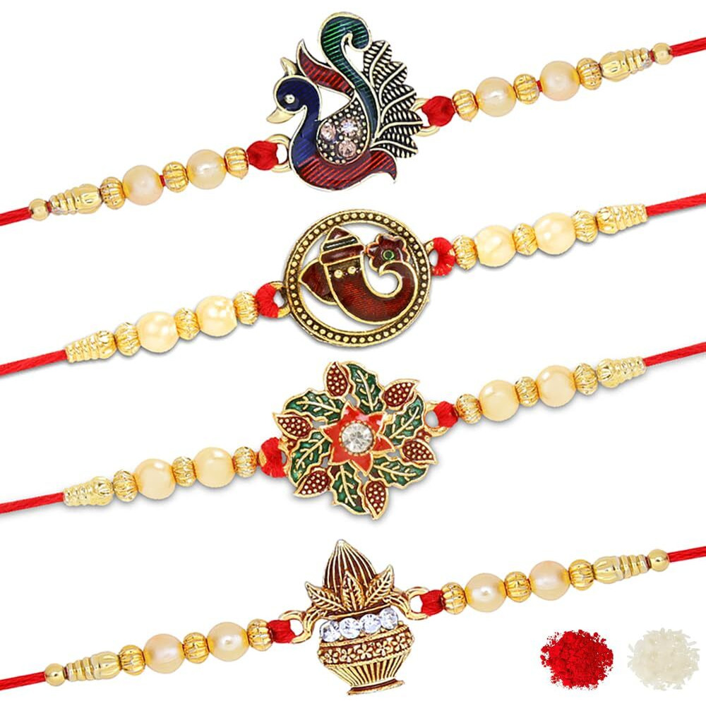 Riddhika Ventures Stunning Gold Plated Designer Brothers Rakhi (Set of 4) with Roli Chawal and Greeting Card (E1G1M1P7)