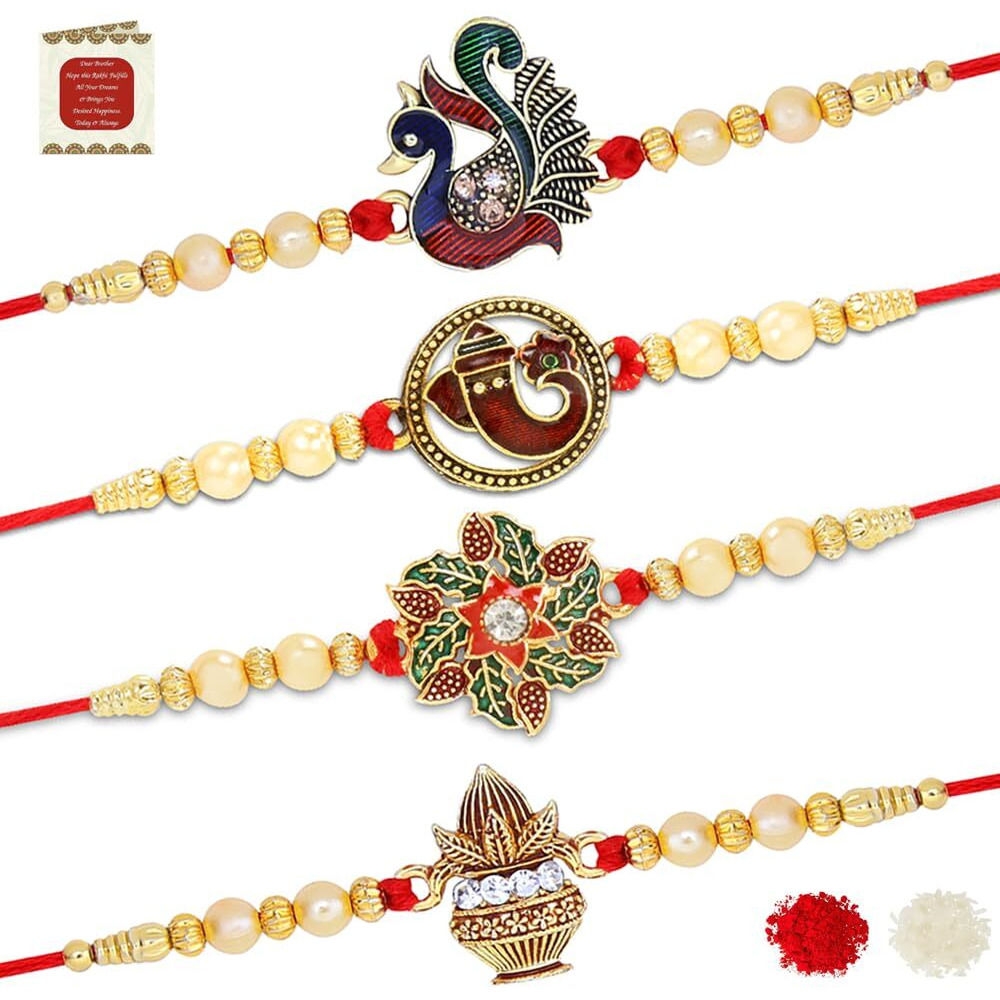 Riddhika Ventures Stunning Gold Plated Designer Brothers Rakhi (Set of 4) with Roli Chawal and Greeting Card (E1G1M1P7)