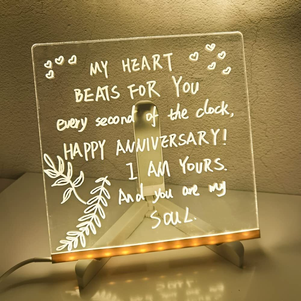NYRWANA Led Board for Writing, 3D Acrylic LED Message Board, Led Writing Board, Anniversary Gift, Rakhi Gift, Acrylic Dry Erase Board with 13 Pen & Stand for Note/Message - 20x20x1 cm
