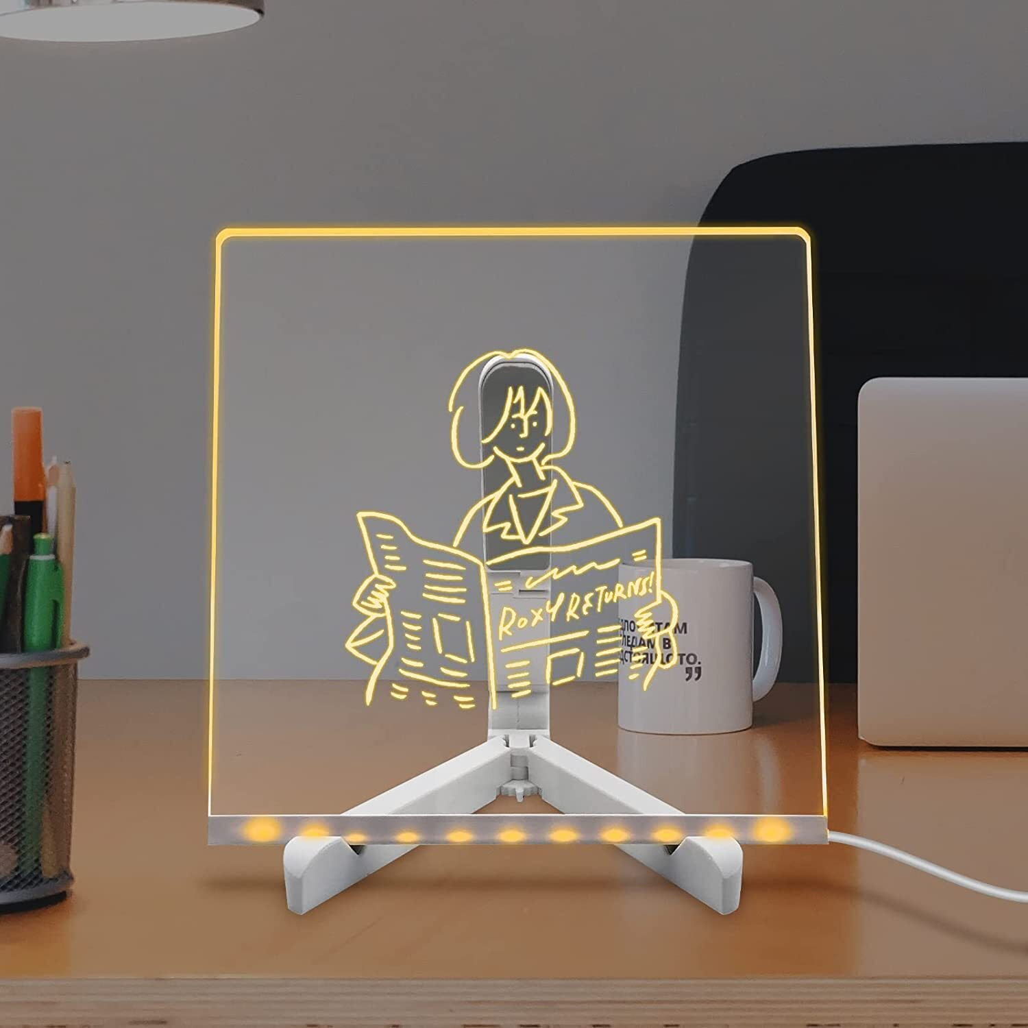 NYRWANA Led Board for Writing, 3D Acrylic LED Message Board, Led Writing Board, Anniversary Gift, Rakhi Gift, Acrylic Dry Erase Board with 13 Pen & Stand for Note/Message - 20x20x1 cm