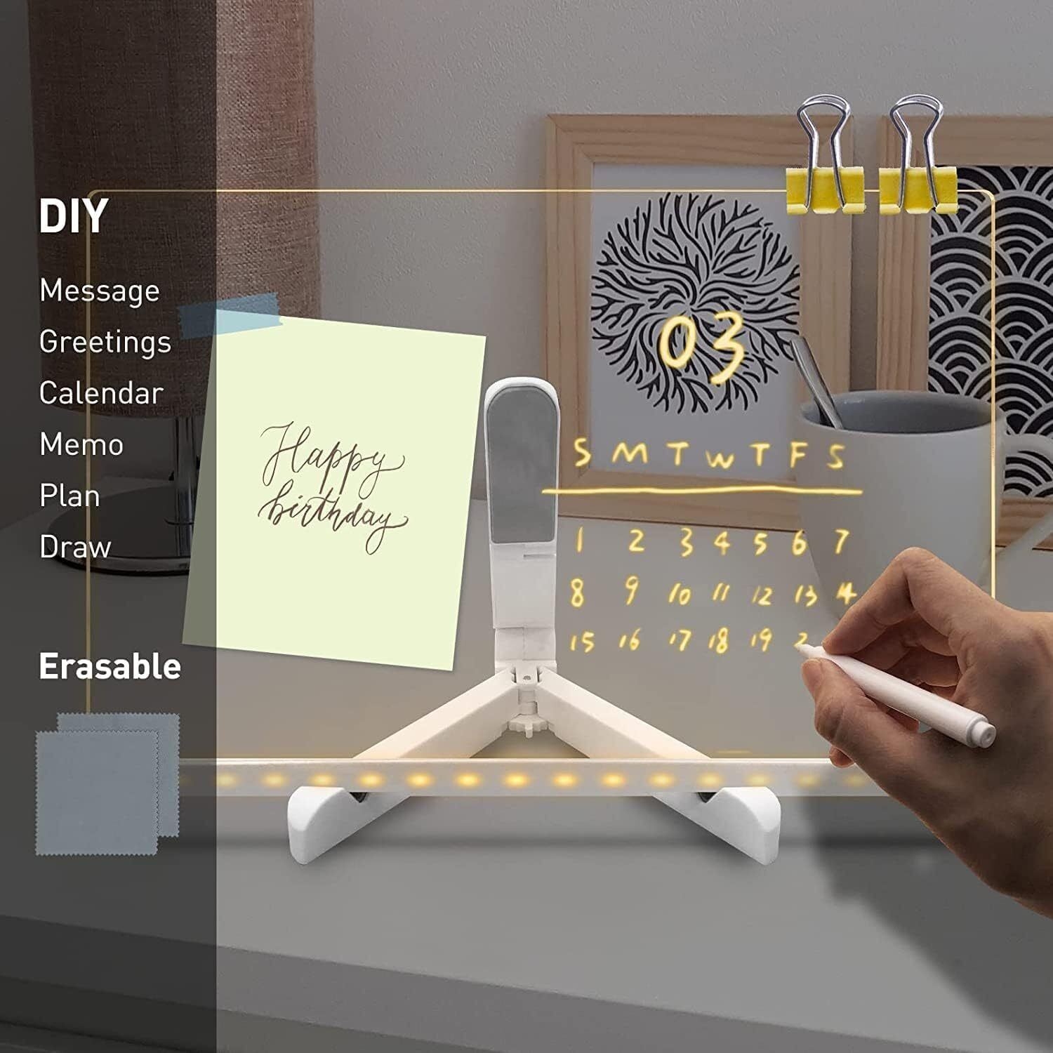 NYRWANA Led Board for Writing, 3D Acrylic LED Message Board, Led Writing Board, Couple Gifts, Rakhi Gift, Acrylic Dry Erase Board with 13 Pen & Stand for Note/Message - 30 x 20 x 1 cm