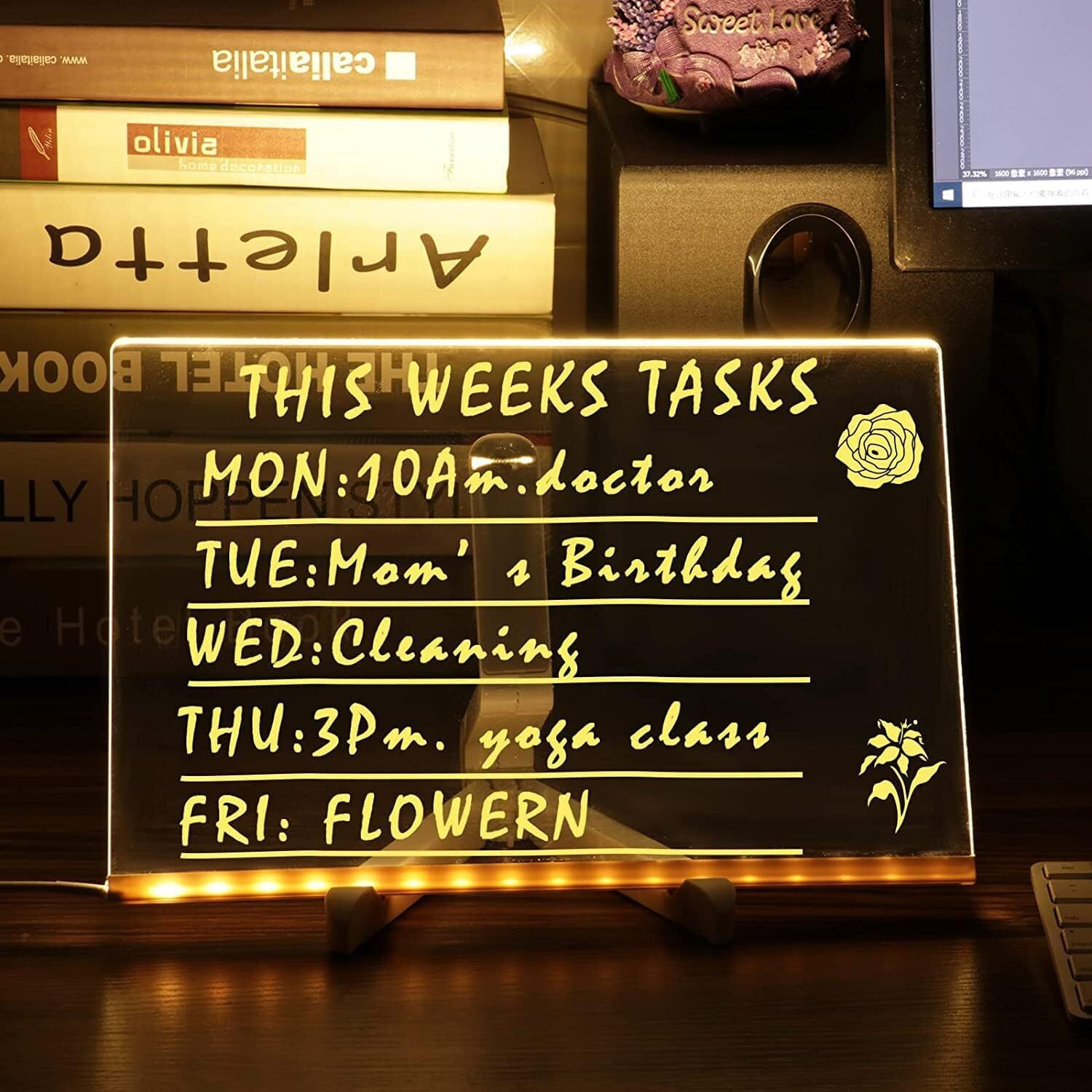 NYRWANA Led Board for Writing, 3D Acrylic LED Message Board, Led Writing Board, Couple Gifts, Rakhi Gift, Acrylic Dry Erase Board with 13 Pen & Stand for Note/Message - 30 x 20 x 1 cm