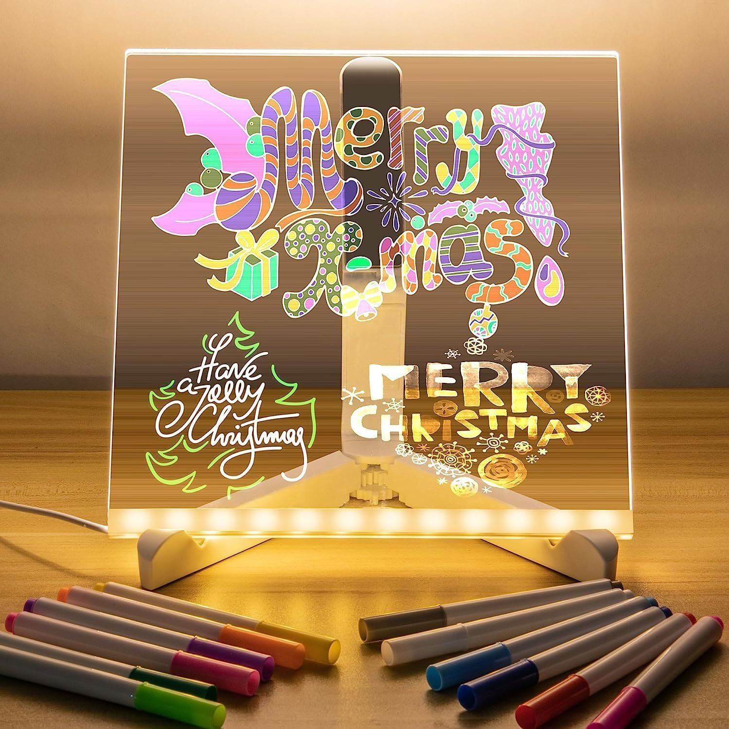 NYRWANA Led Board for Writing, 3D Acrylic LED Message Board, Led Writing Board, Birthday Gift, Rakhi Gift, Acrylic Dry Erase Board with 13 Pen & Stand for Note/Message - 15 x 15 x 1 cm