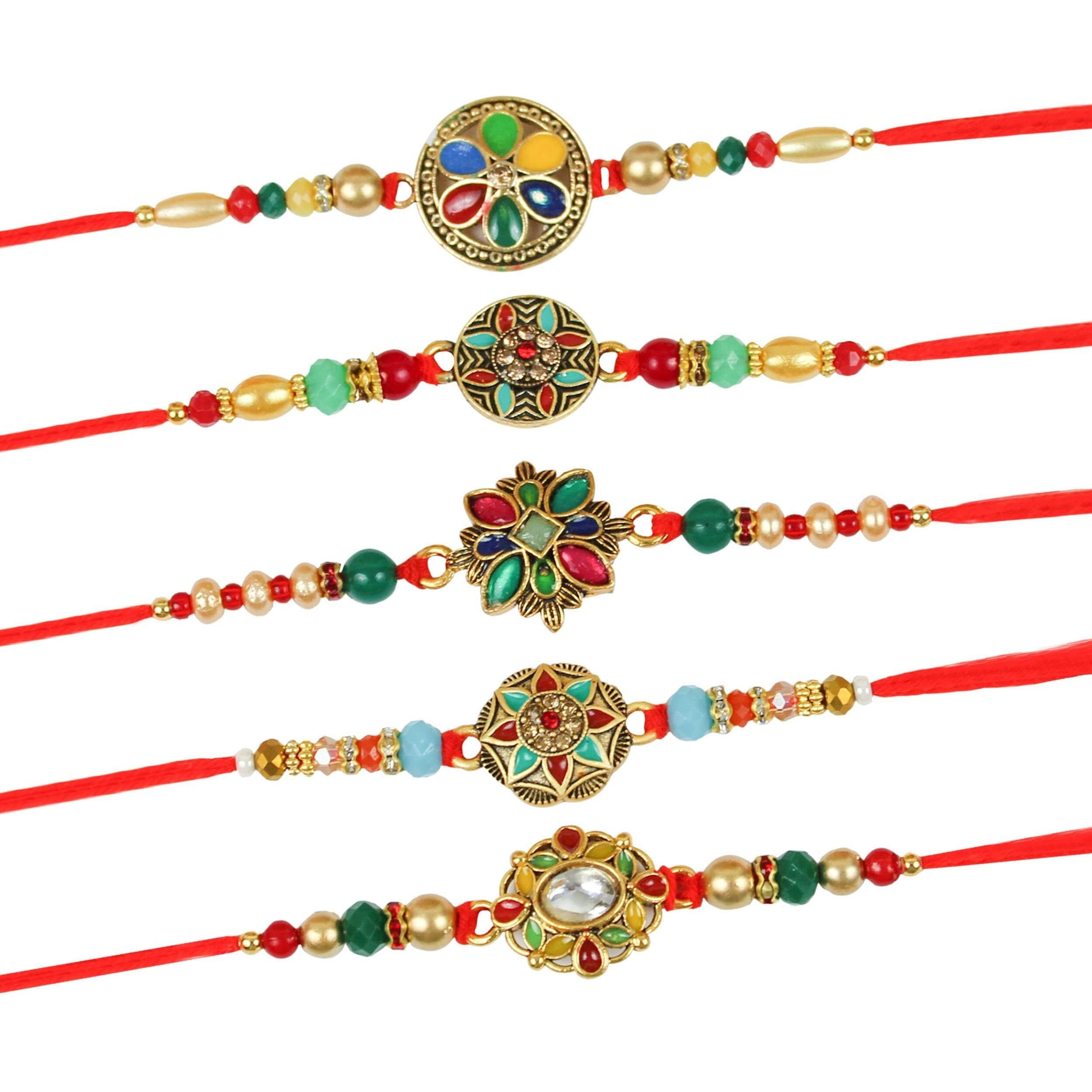 TIED RIBBONS Rakhi for Brother Combo - Set of 5 Kundan Floral Rakhi for Brother Bhaiya Bhabhi Kids Boys Men Bhai with Greeting Card and Tikka - Rakhi for Rakshabandhan