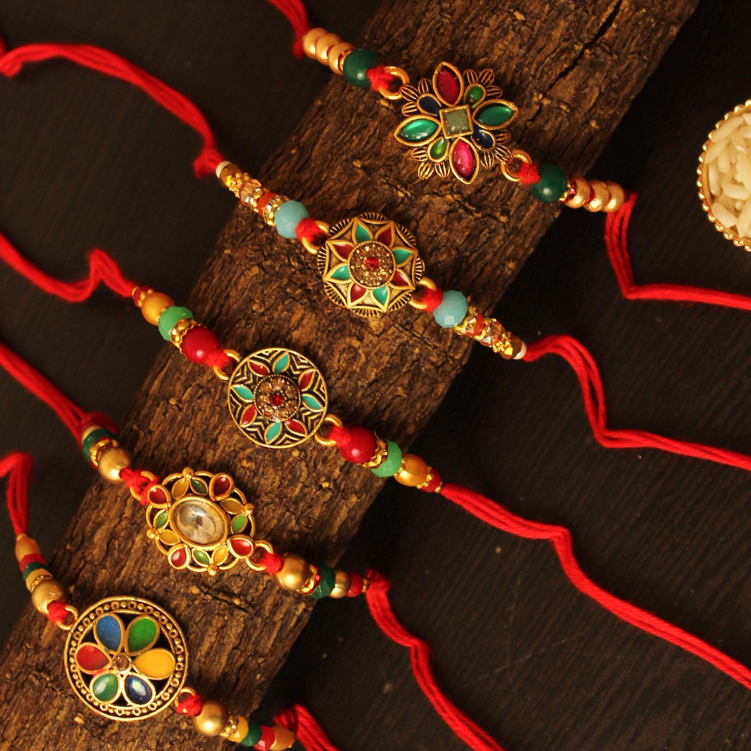 TIED RIBBONS Rakhi for Brother Combo - Set of 5 Kundan Floral Rakhi for Brother Bhaiya Bhabhi Kids Boys Men Bhai with Greeting Card and Tikka - Rakhi for Rakshabandhan
