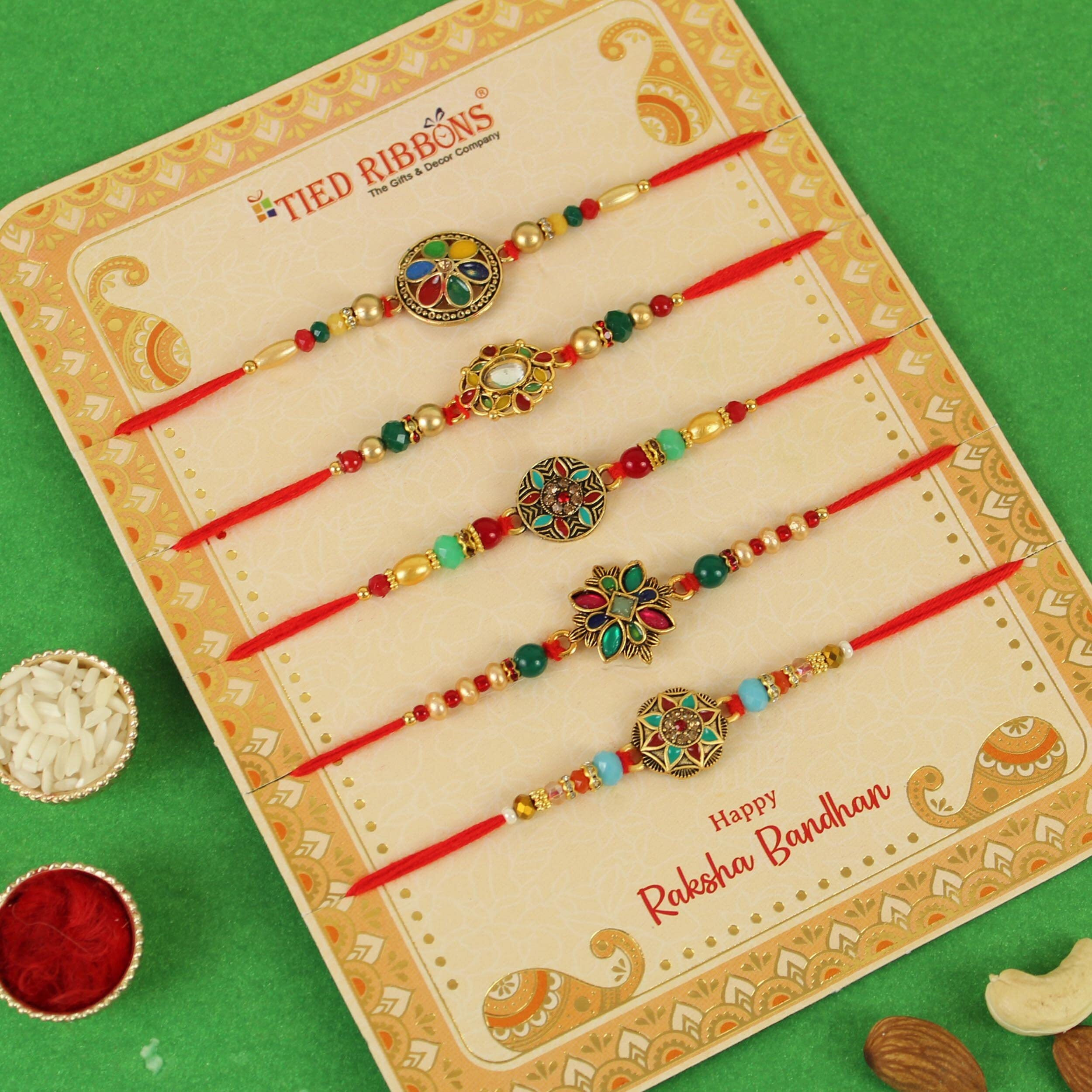 TIED RIBBONS Rakhi for Brother Combo - Set of 5 Kundan Floral Rakhi for Brother Bhaiya Bhabhi Kids Boys Men Bhai with Greeting Card and Tikka - Rakhi for Rakshabandhan