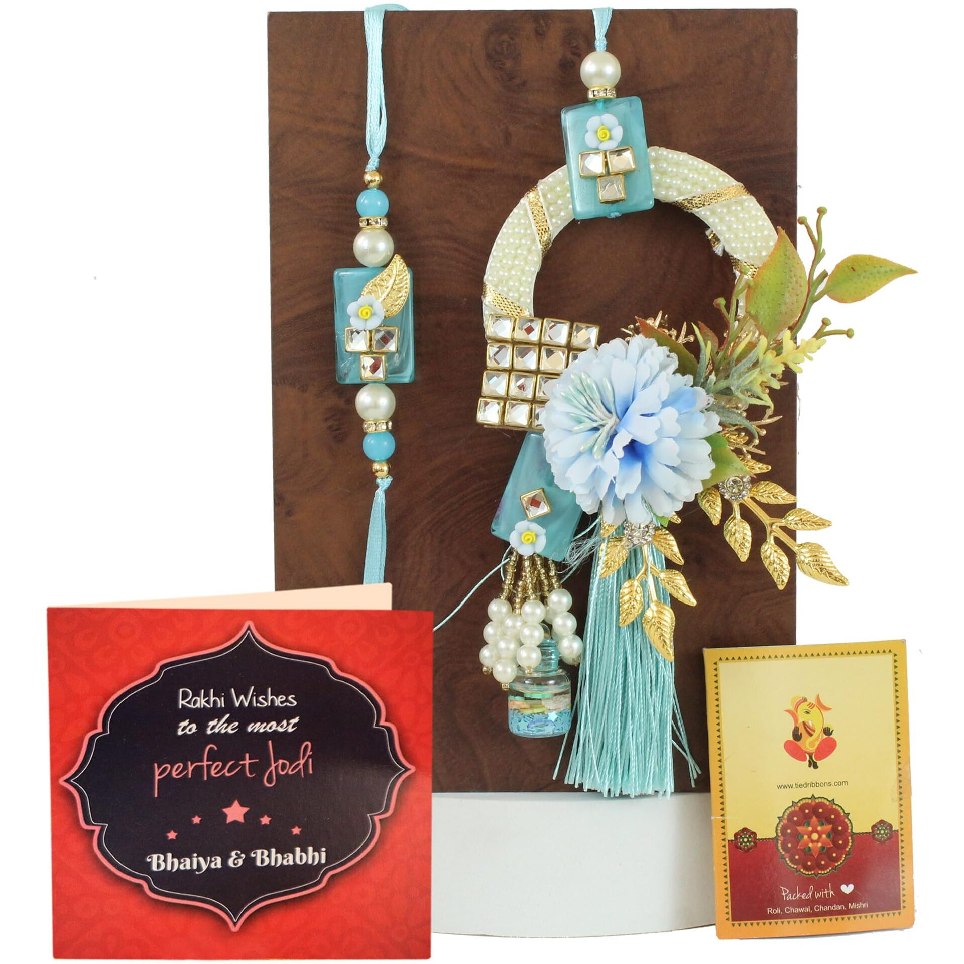 TIED RIBBONS Rakhi for Brother and Bhabhi - Premium Floral Couple Rakhi Set of 2 with Greeting Card and Tikka - Hanging Lumba Rakhi for Bhaiya Bhabhi - Rakhi for Rakshabandhan