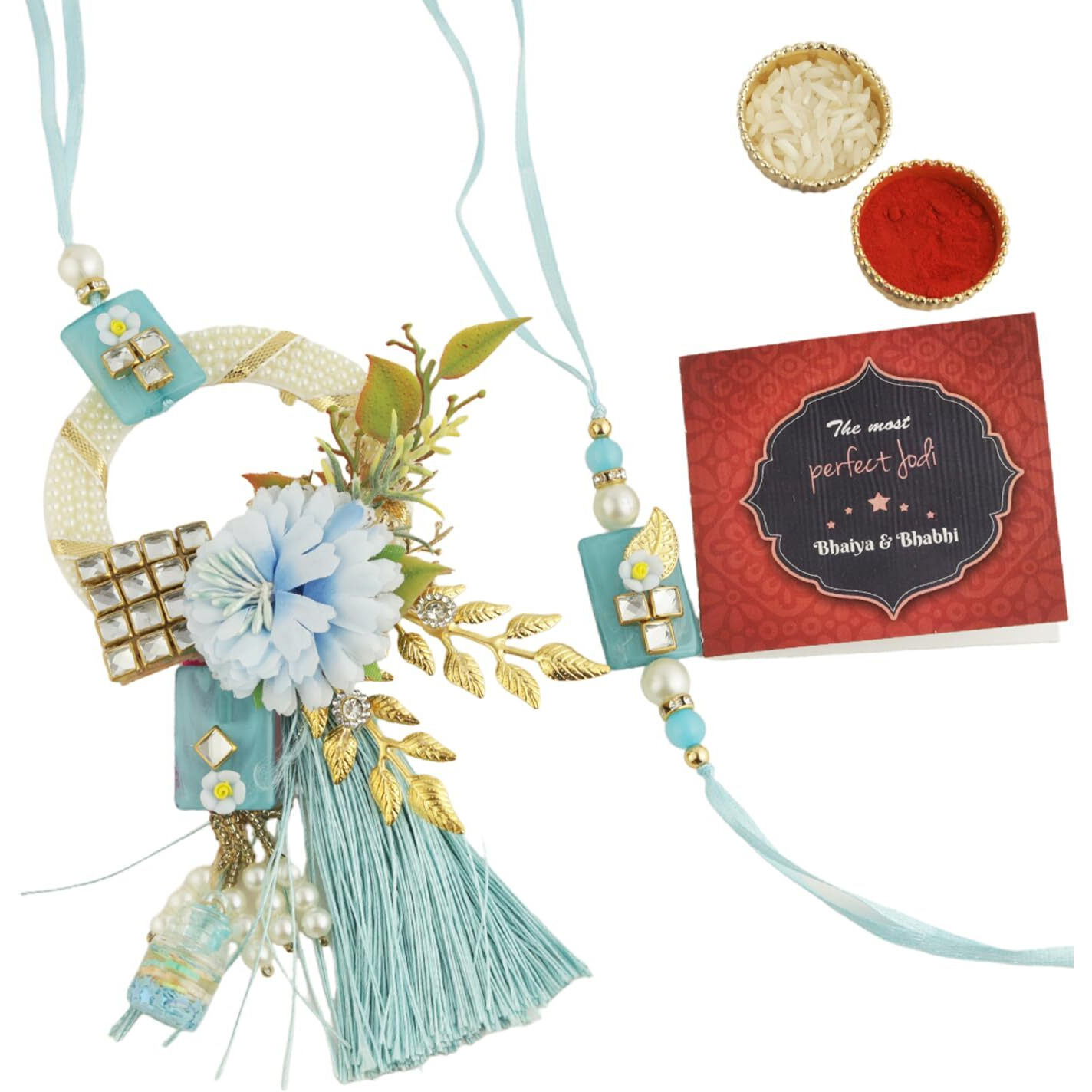 TIED RIBBONS Rakhi for Brother and Bhabhi - Premium Floral Couple Rakhi Set of 2 with Greeting Card and Tikka - Hanging Lumba Rakhi for Bhaiya Bhabhi - Rakhi for Rakshabandhan