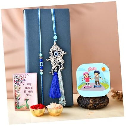CraftVatika Evil Eye Bhaiya Bhabhi Rakhi with Fridge MagnetCouple Pair Rakhi for Brother Bhai Bhabhi with Best Wishes and Tillakk Set Rakshabandhan Rakhis Set of 2