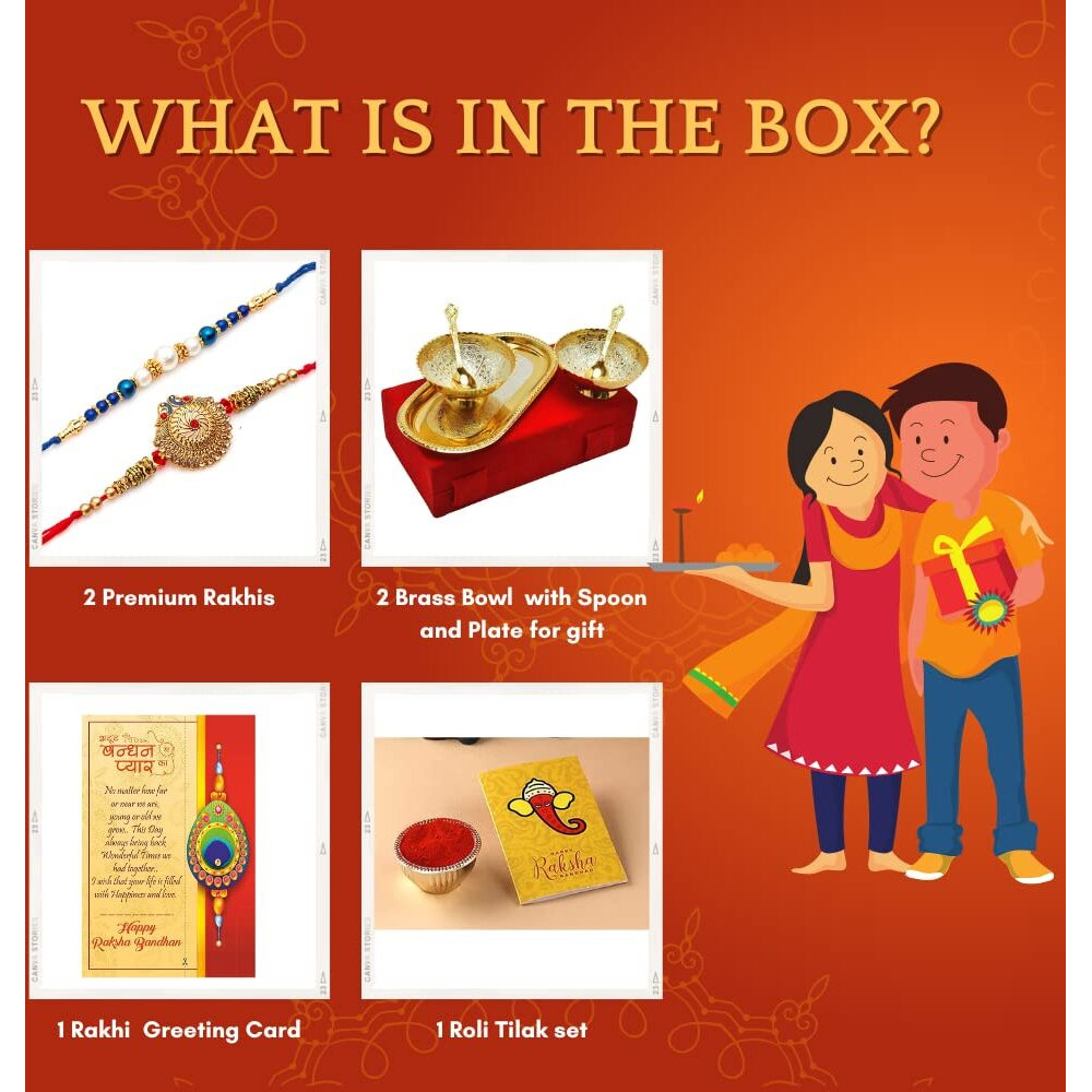 Collectible India Rakhi & Gift Set for Brother [Gift Combo - Peacock Rakhi with 2 Bowl with Velvet Box,& Greeting Card