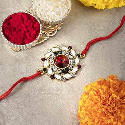 Peora Men Elegant Kundan & Crystal Stone Rakhi For Brother With Raksha Bandhan Greeting Card & Roli Chawal