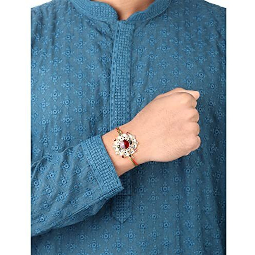 Peora Men Elegant Kundan & Crystal Stone Rakhi For Brother With Raksha Bandhan Greeting Card & Roli Chawal
