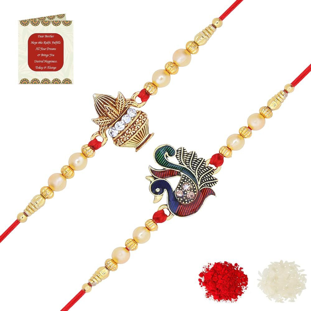 Riddhika Ventures Fabulous Gold Plated Flower and Meenakari Ganesh Rakhi (Set of 2) with Roli Chawal and Greeting Card (M1P7)